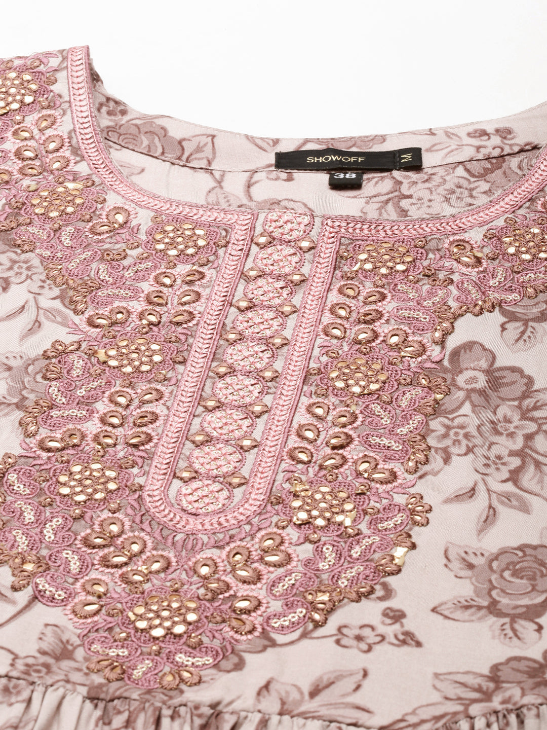 Women's Mauve Floral Printed Thread Work Anarkali Kurta