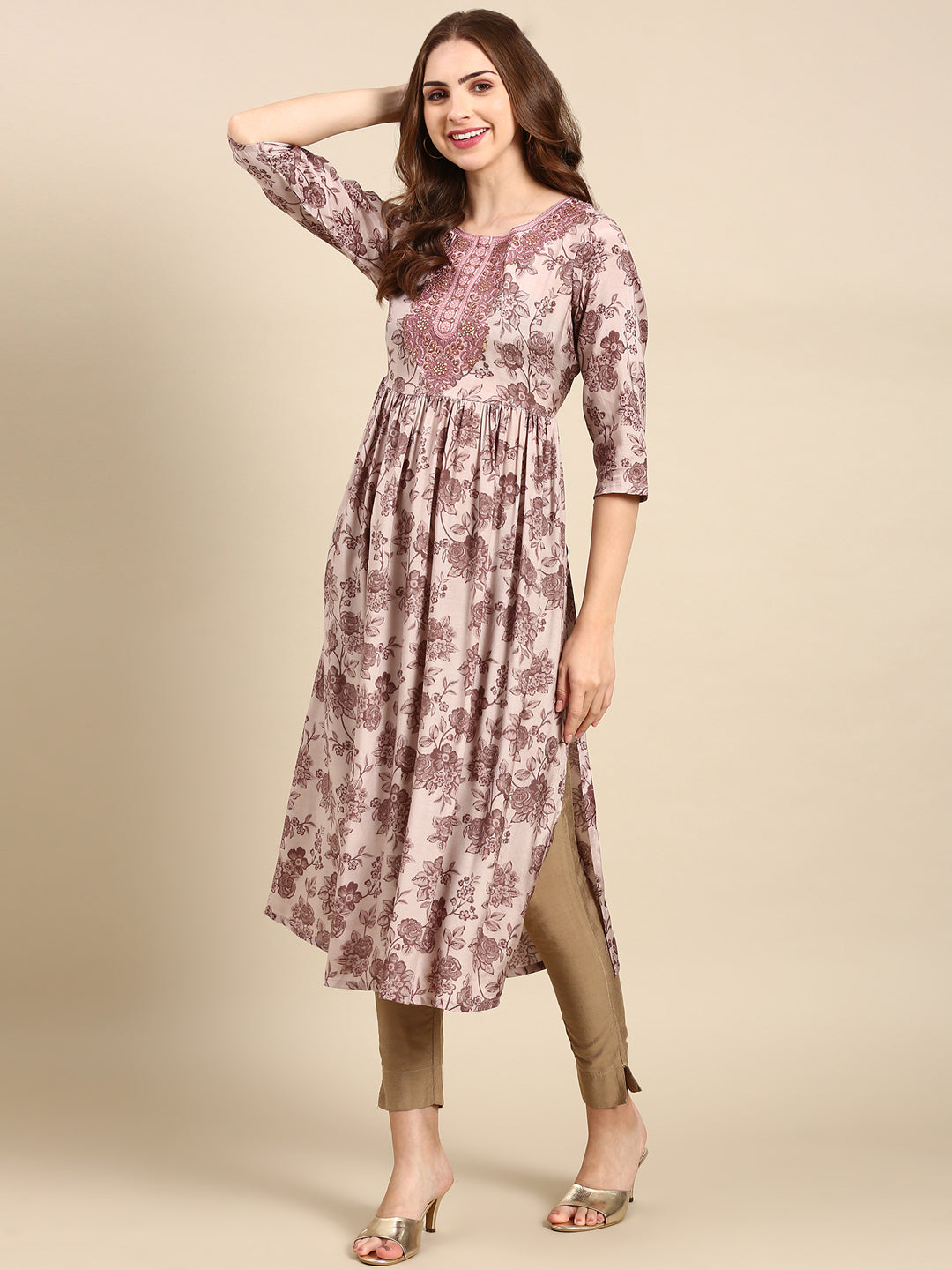 Women's Mauve Floral Printed Thread Work Anarkali Kurta
