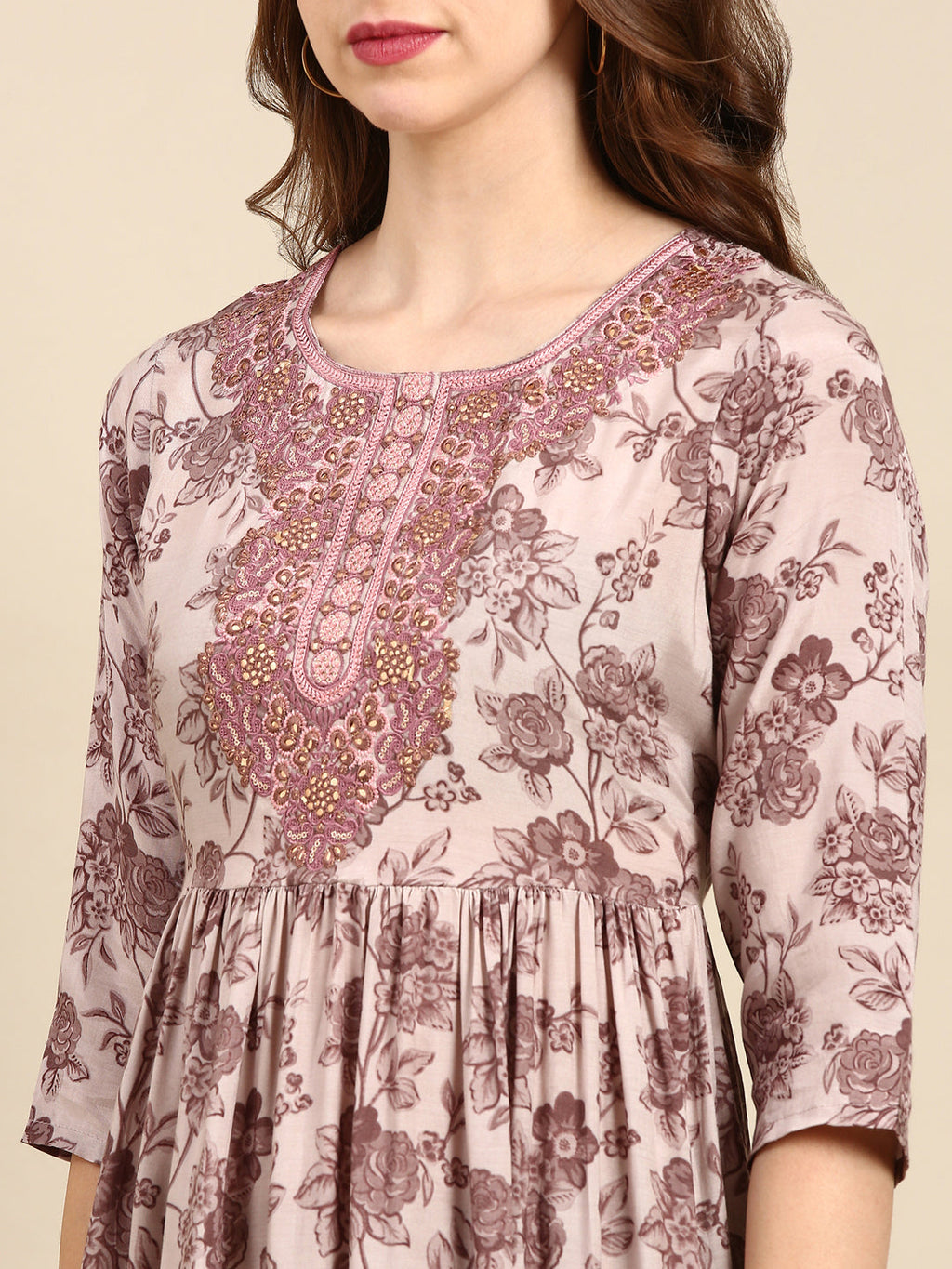 Women's Mauve Floral Printed Thread Work Anarkali Kurta