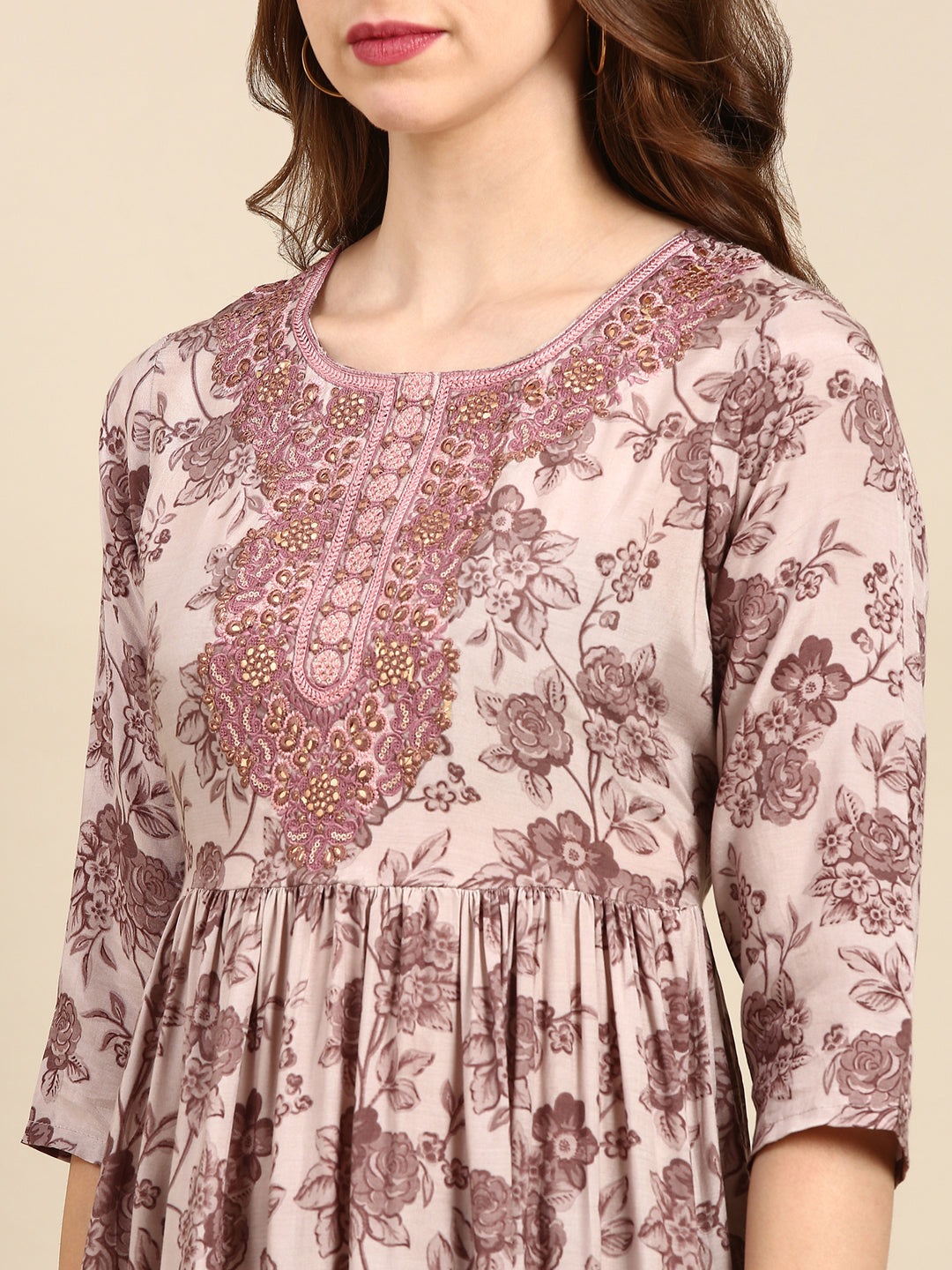 Women's Mauve Floral Printed Thread Work Anarkali Kurta