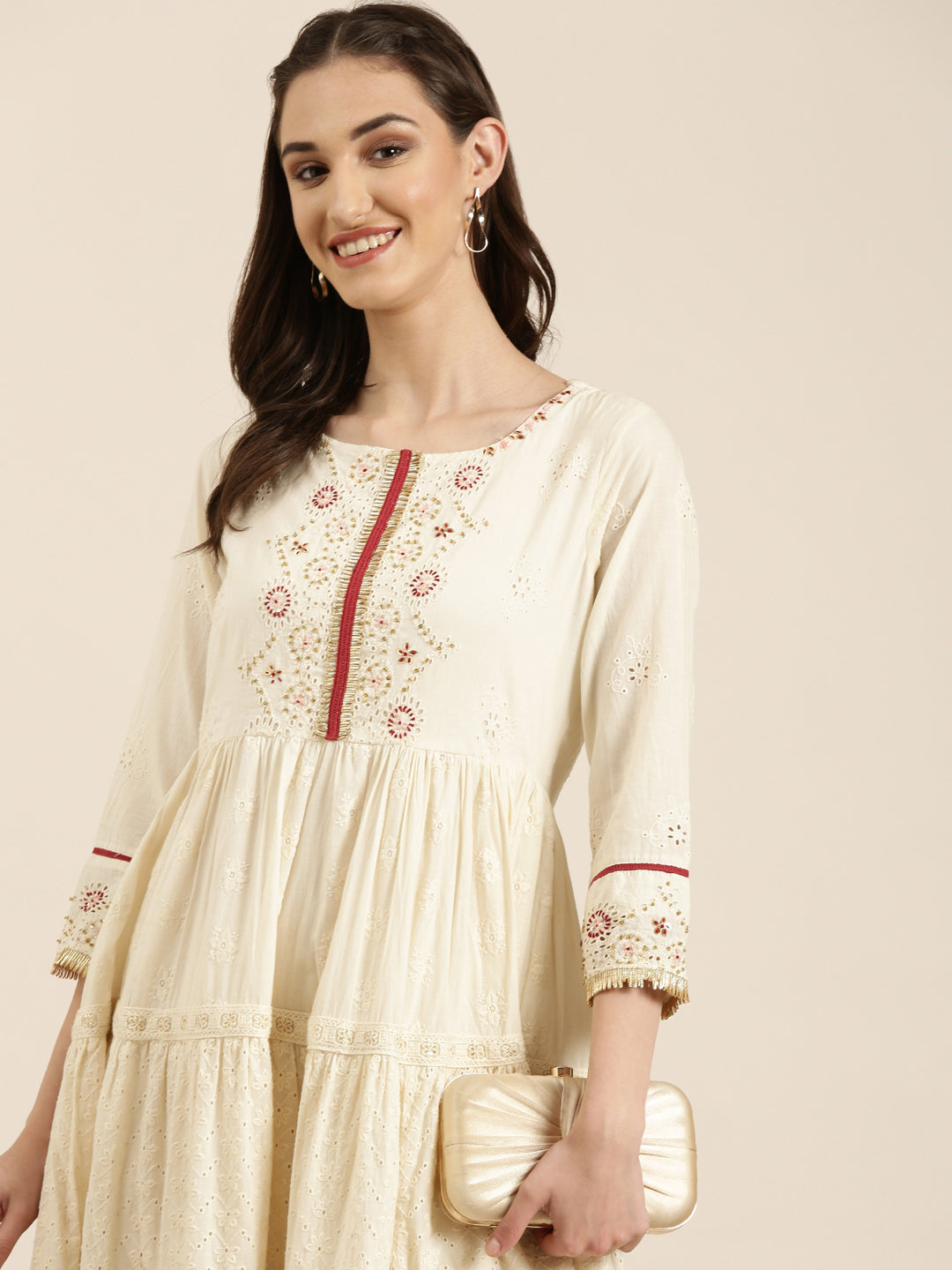 Women's Cream Floral Embroidered Tiered Anarkali Kurta