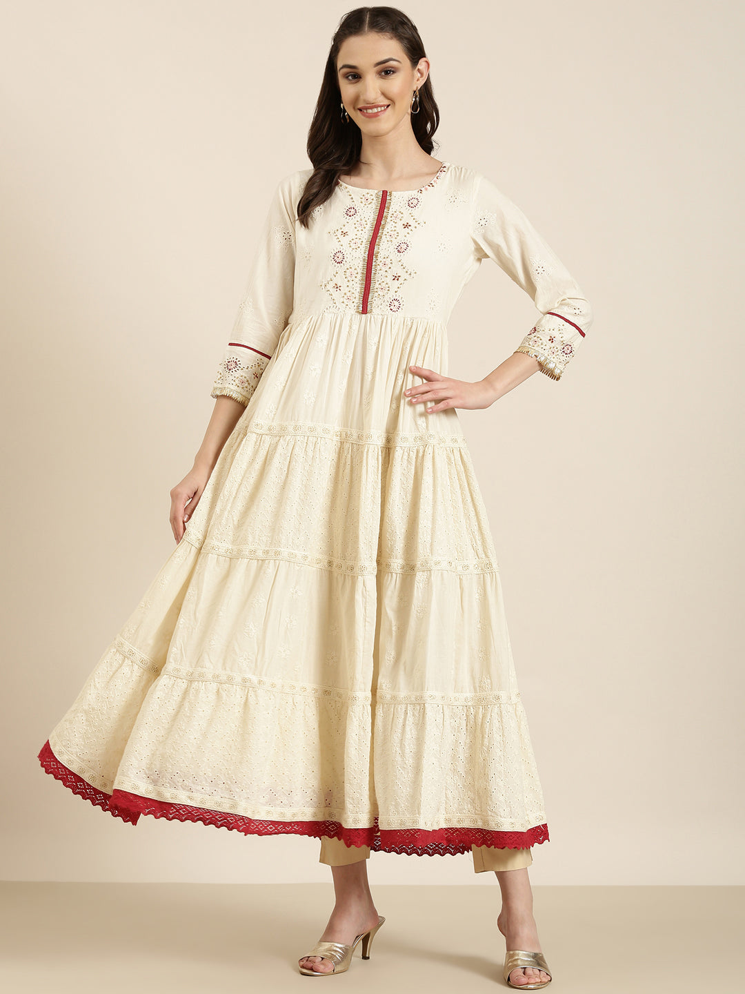Women's Cream Floral Embroidered Tiered Anarkali Kurta