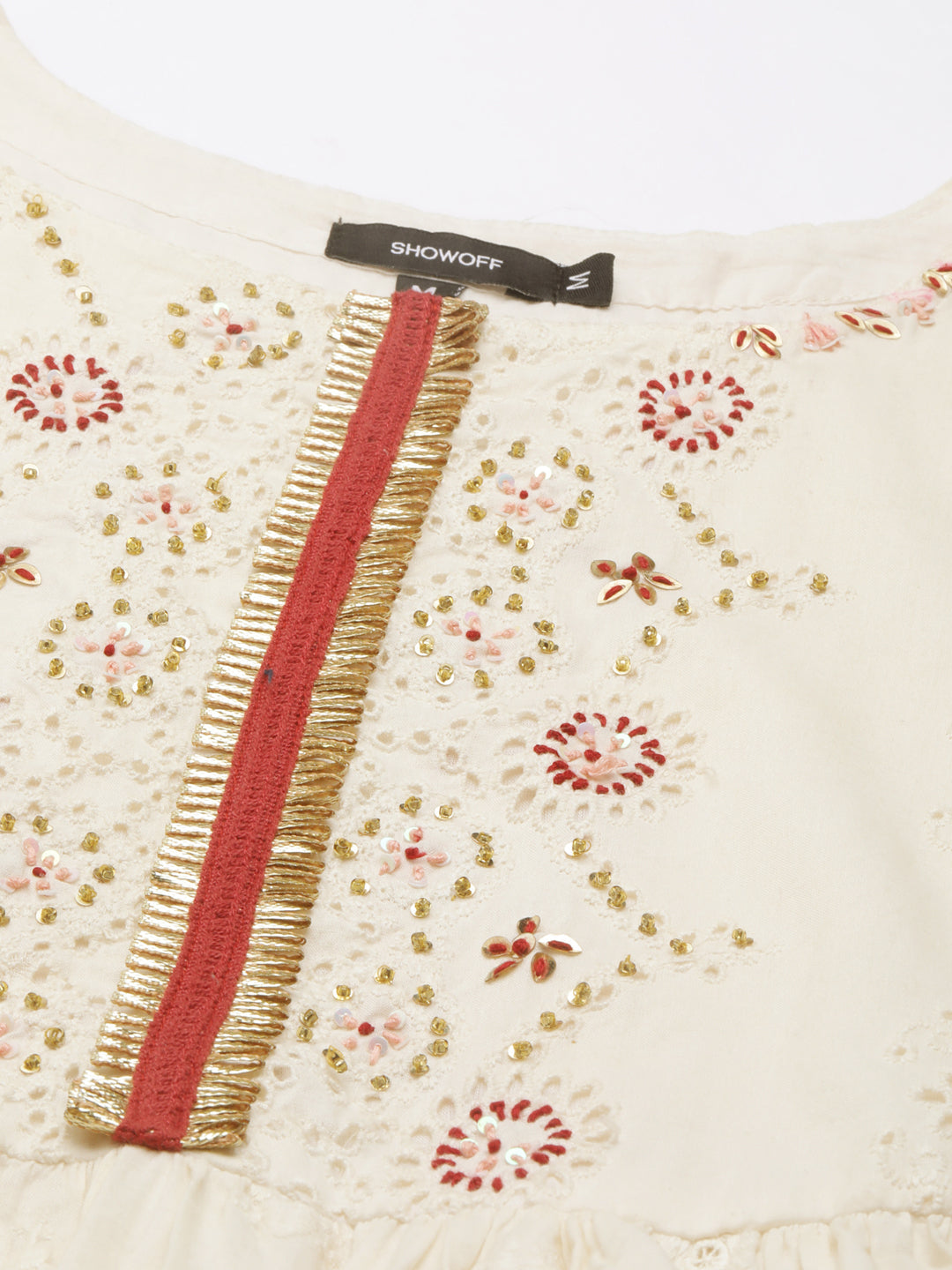 Women's Cream Floral Embroidered Tiered Anarkali Kurta