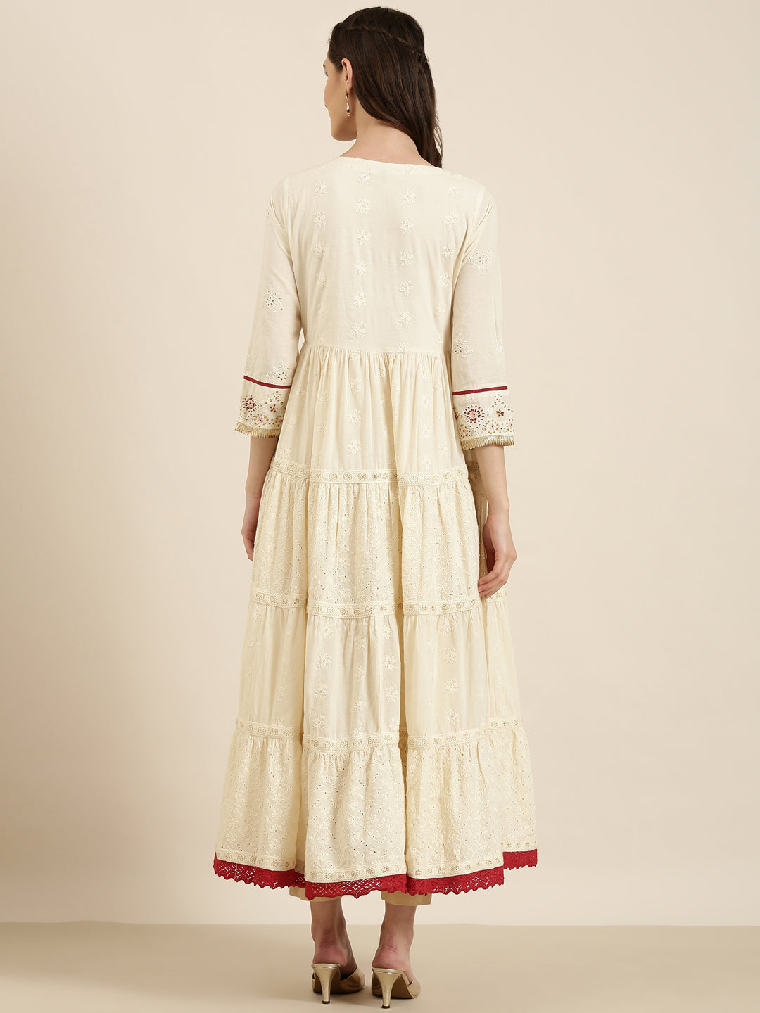 Women's Cream Floral Embroidered Tiered Anarkali Kurta