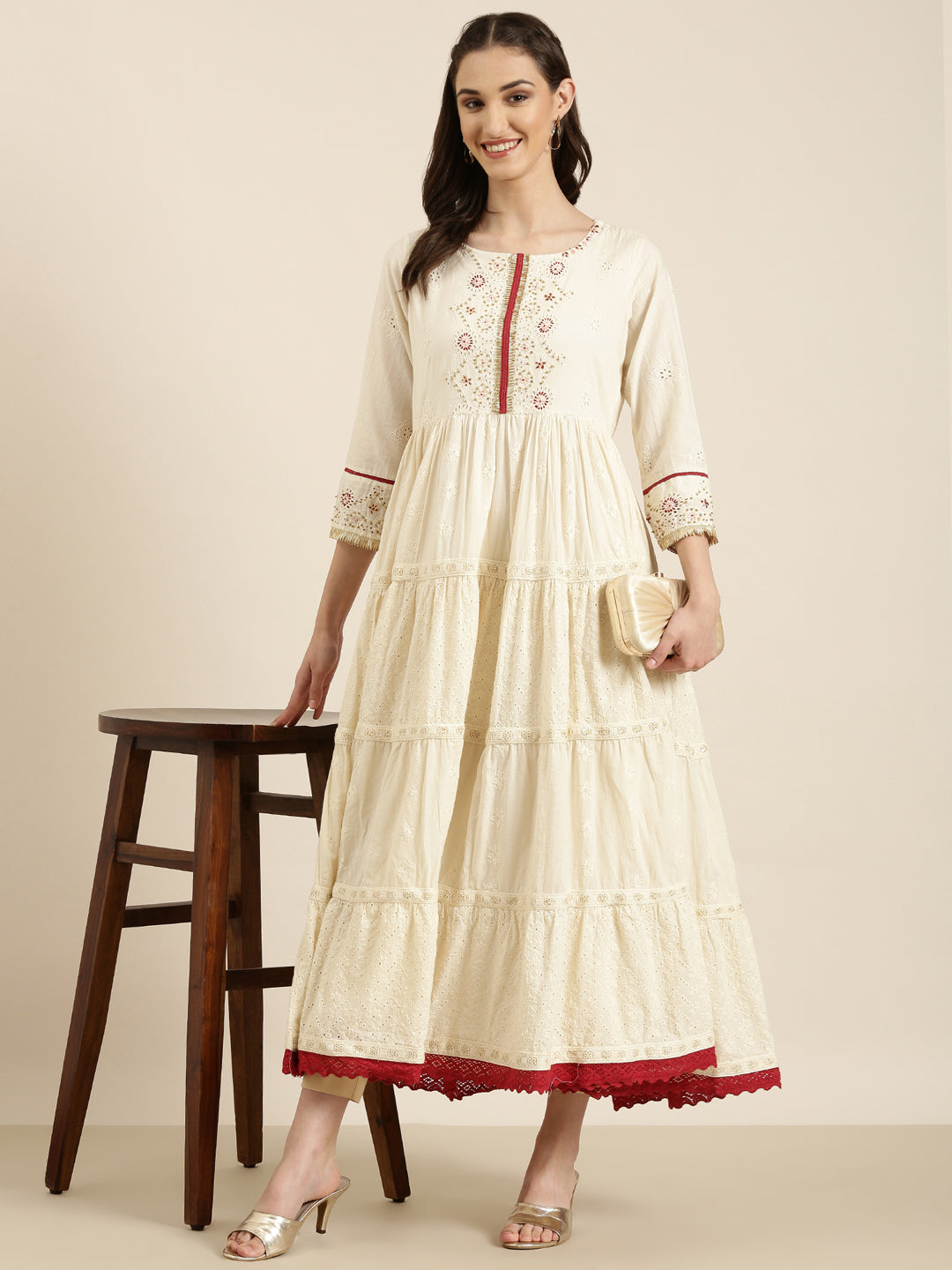 Women's Cream Floral Embroidered Tiered Anarkali Kurta