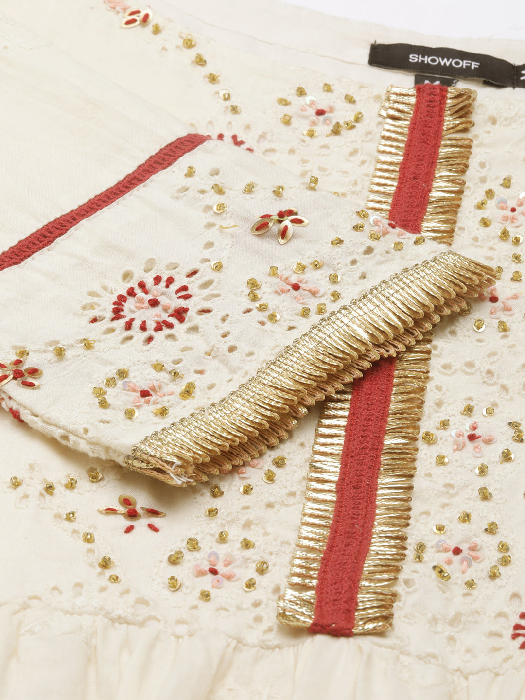 Women's Cream Floral Embroidered Tiered Anarkali Kurta