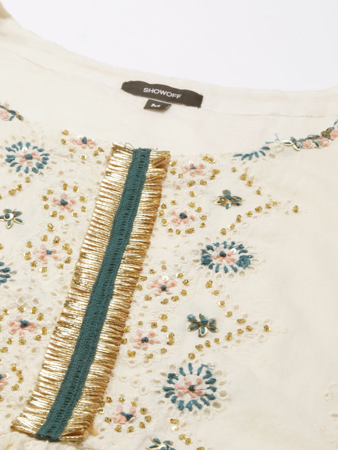 Women's Off White Floral Embroidered Tiered Anarkali Kurta