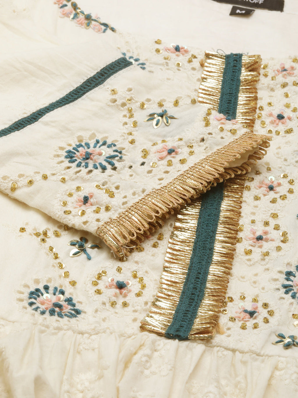 Women's Off White Floral Embroidered Tiered Anarkali Kurta