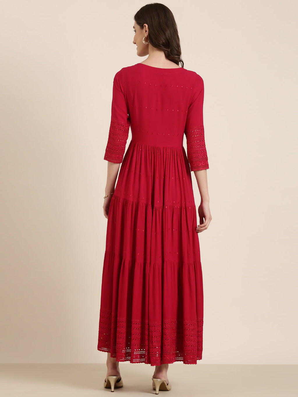 Women's Maroon Self Design Cotton Tiered Fit & Flare Kurta