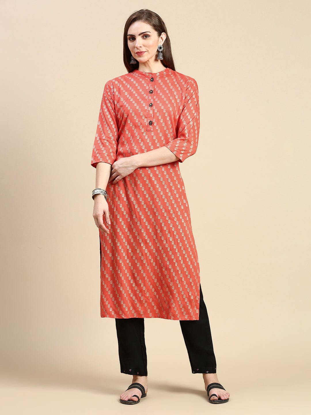 Women's Floral Orange Straight Kurta