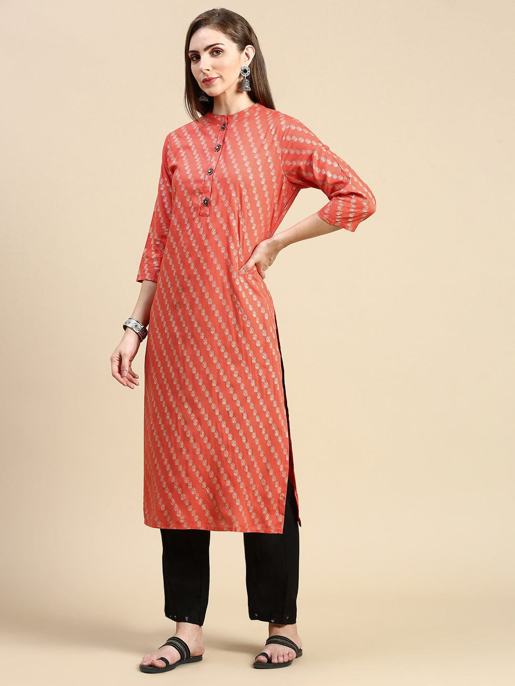 Women's Floral Orange Straight Kurta