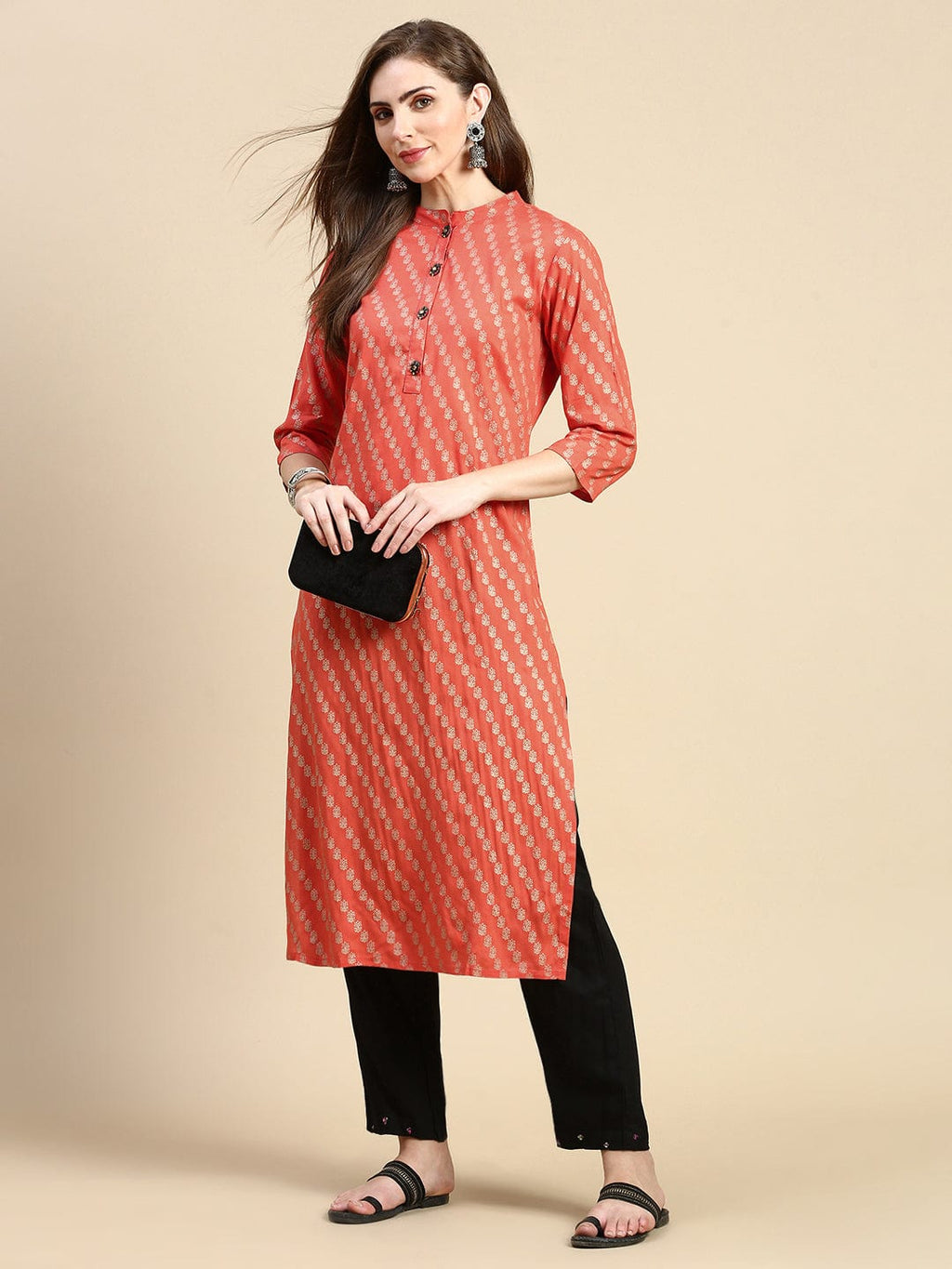 Women's Floral Orange Straight Kurta
