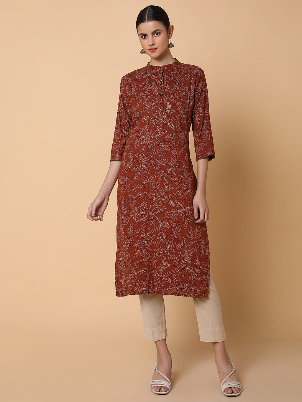 Women's Floral Brown Straight Kurta