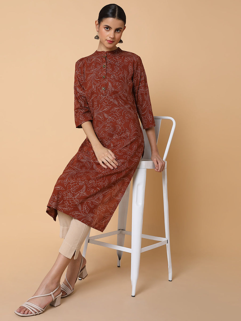 Women's Floral Brown Straight Kurta