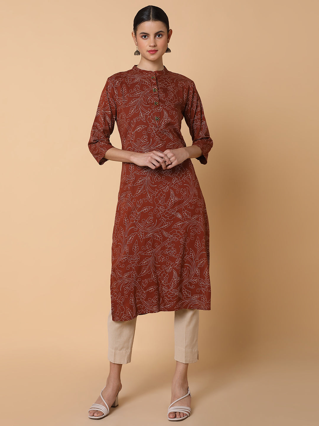 Women's Floral Brown Straight Kurta