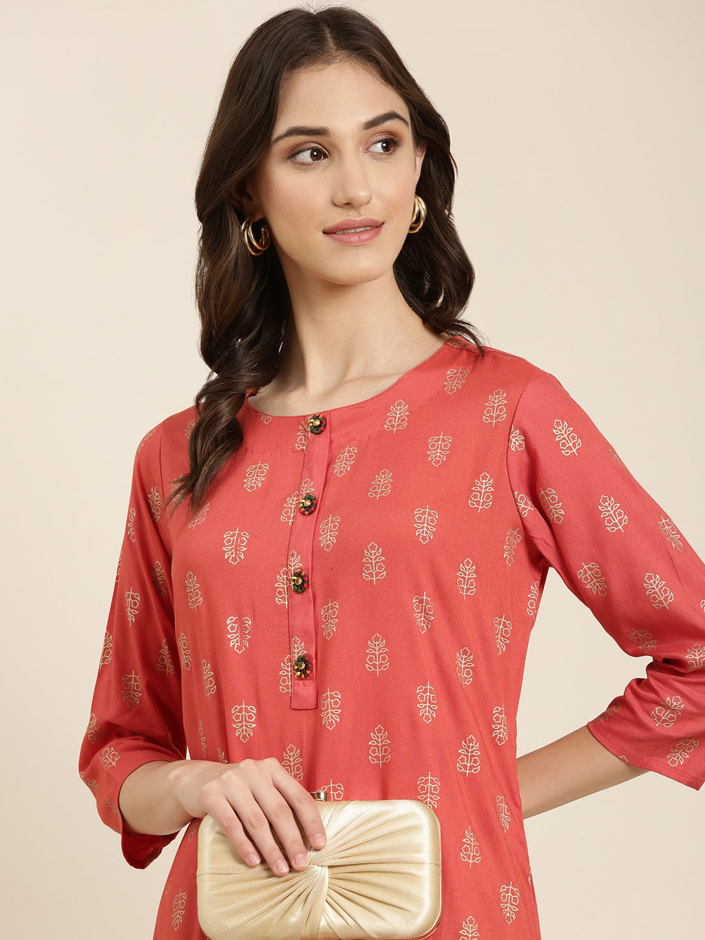 Women's Coral Ethnic Motifs Printed Straight Kurta