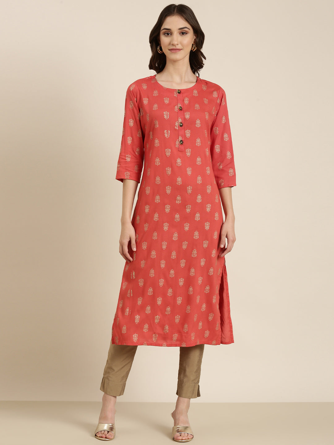 Women's Coral Ethnic Motifs Printed Straight Kurta