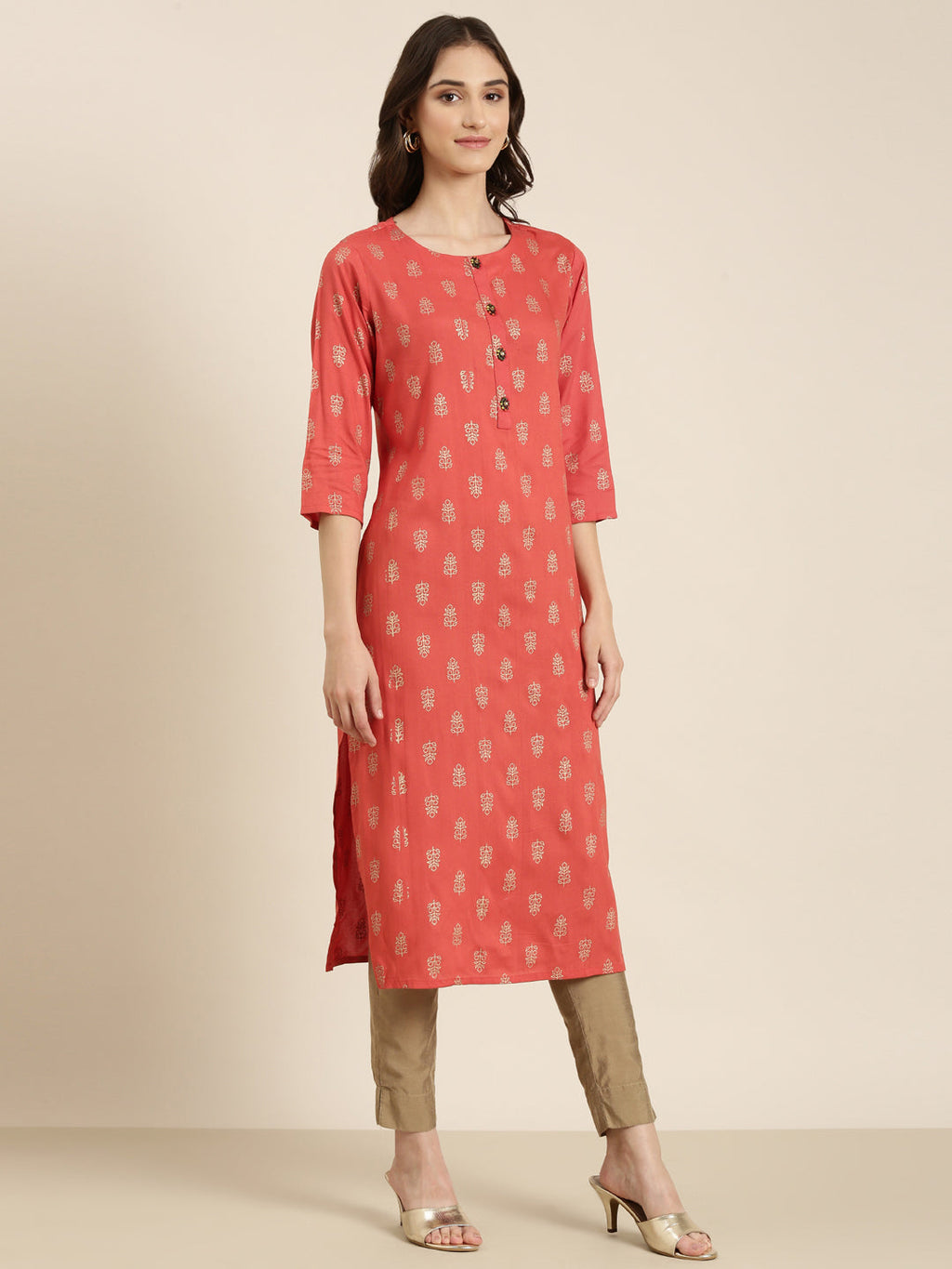 Women's Coral Ethnic Motifs Printed Straight Kurta