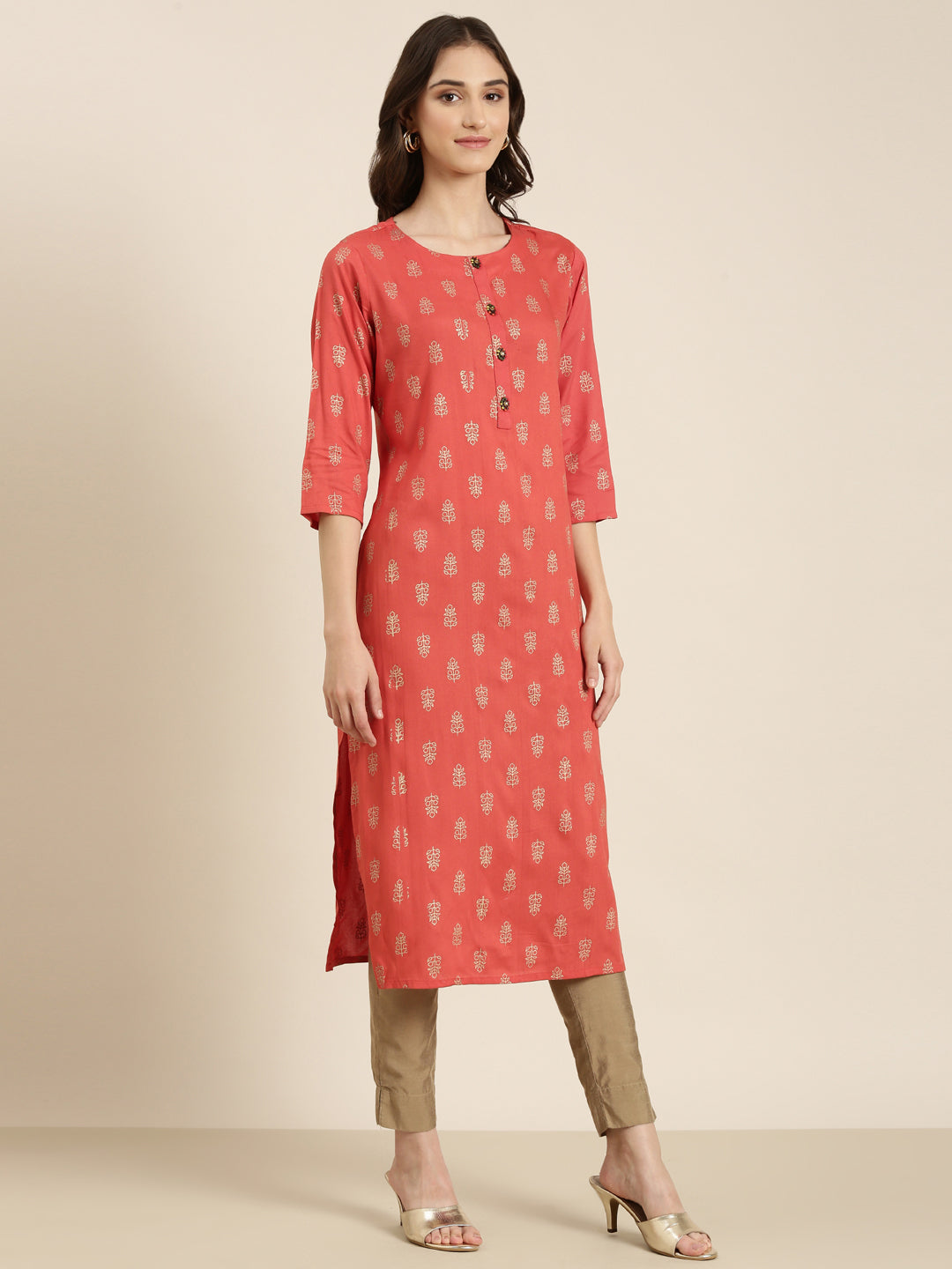 Women's Coral Ethnic Motifs Printed Straight Kurta