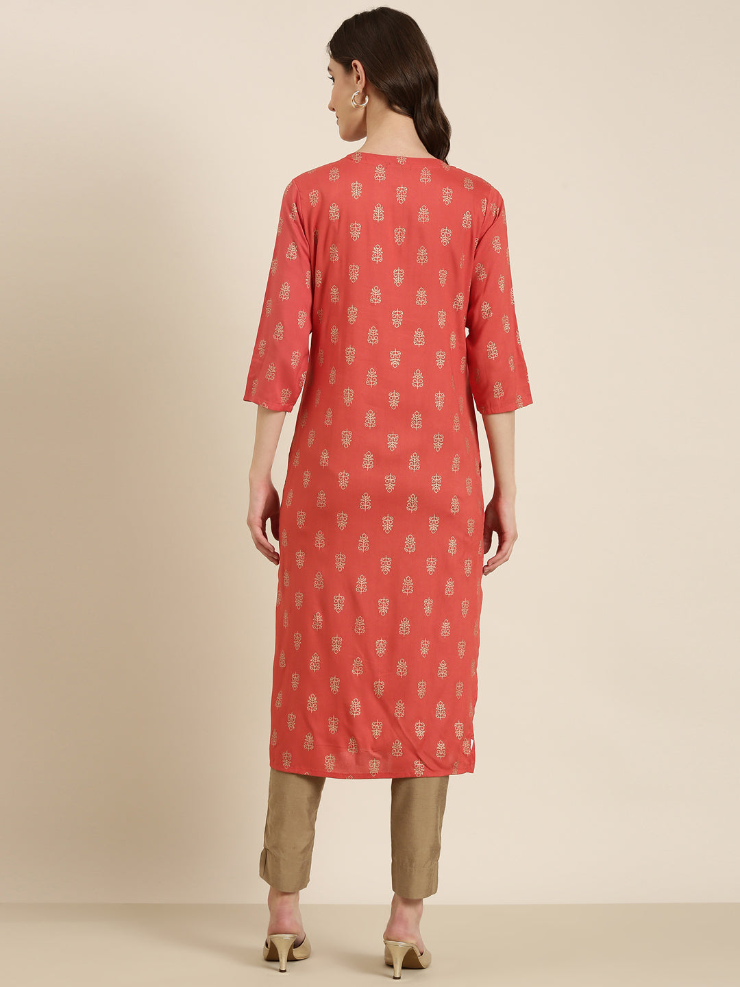 Women's Coral Ethnic Motifs Printed Straight Kurta