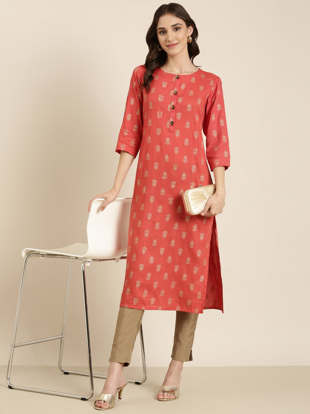 Women's Coral Ethnic Motifs Printed Straight Kurta