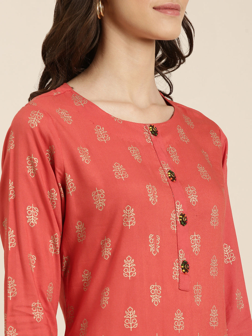 Women's Coral Ethnic Motifs Printed Straight Kurta
