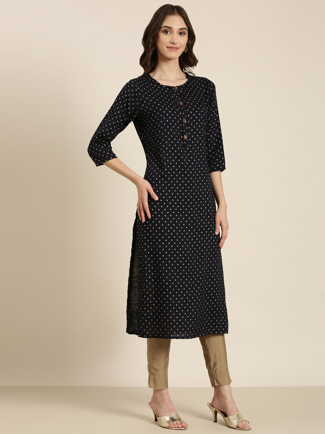 Women's Navy Blue Ethnic Motifs Printed Straight Kurta