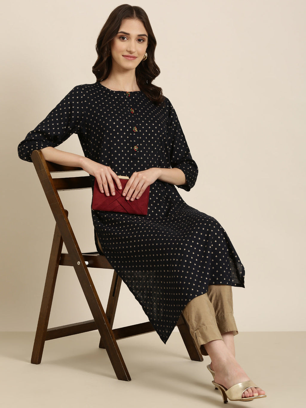 Women's Navy Blue Ethnic Motifs Printed Straight Kurta