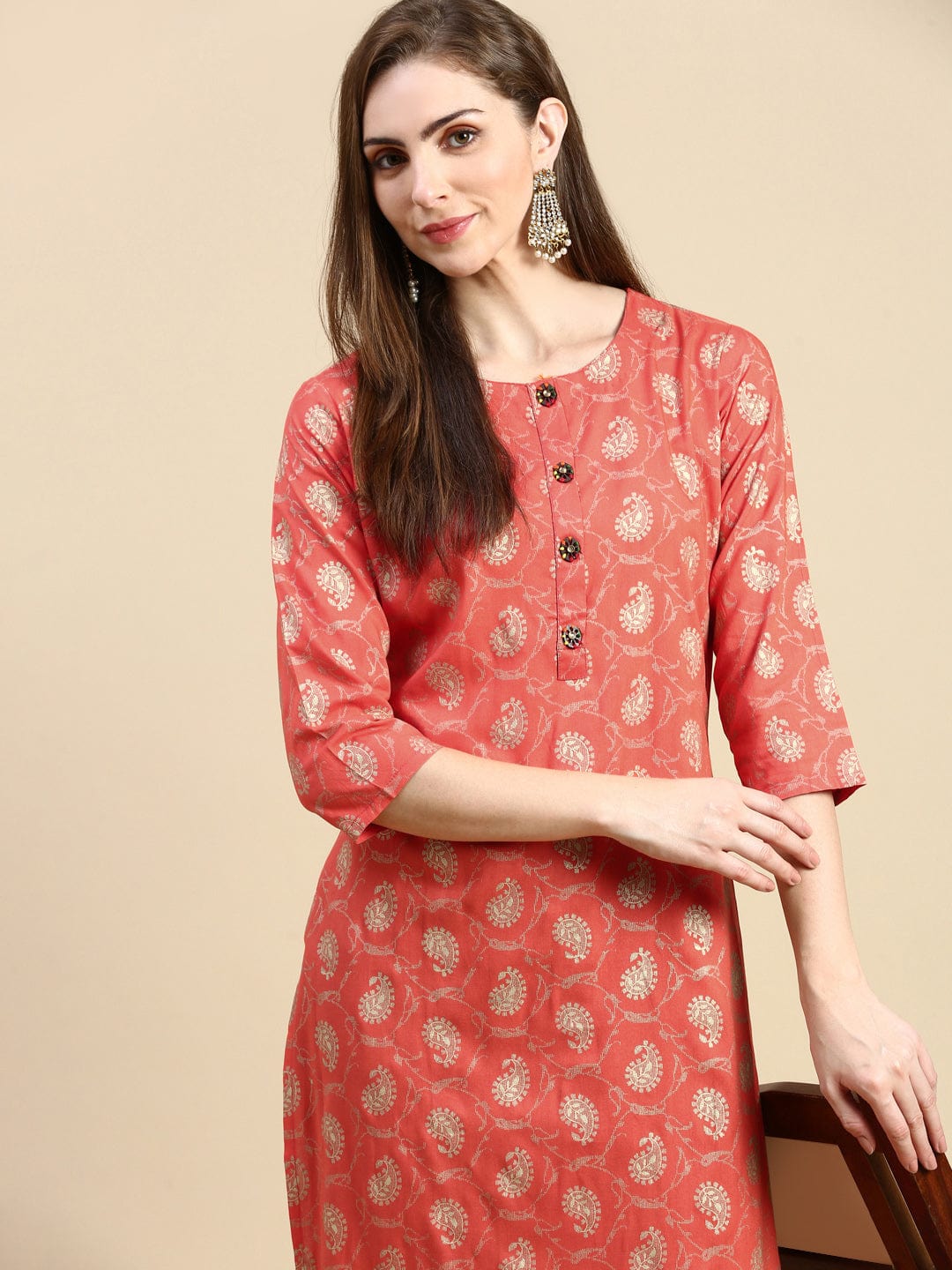 Women's Paisley Orange Straight Kurta