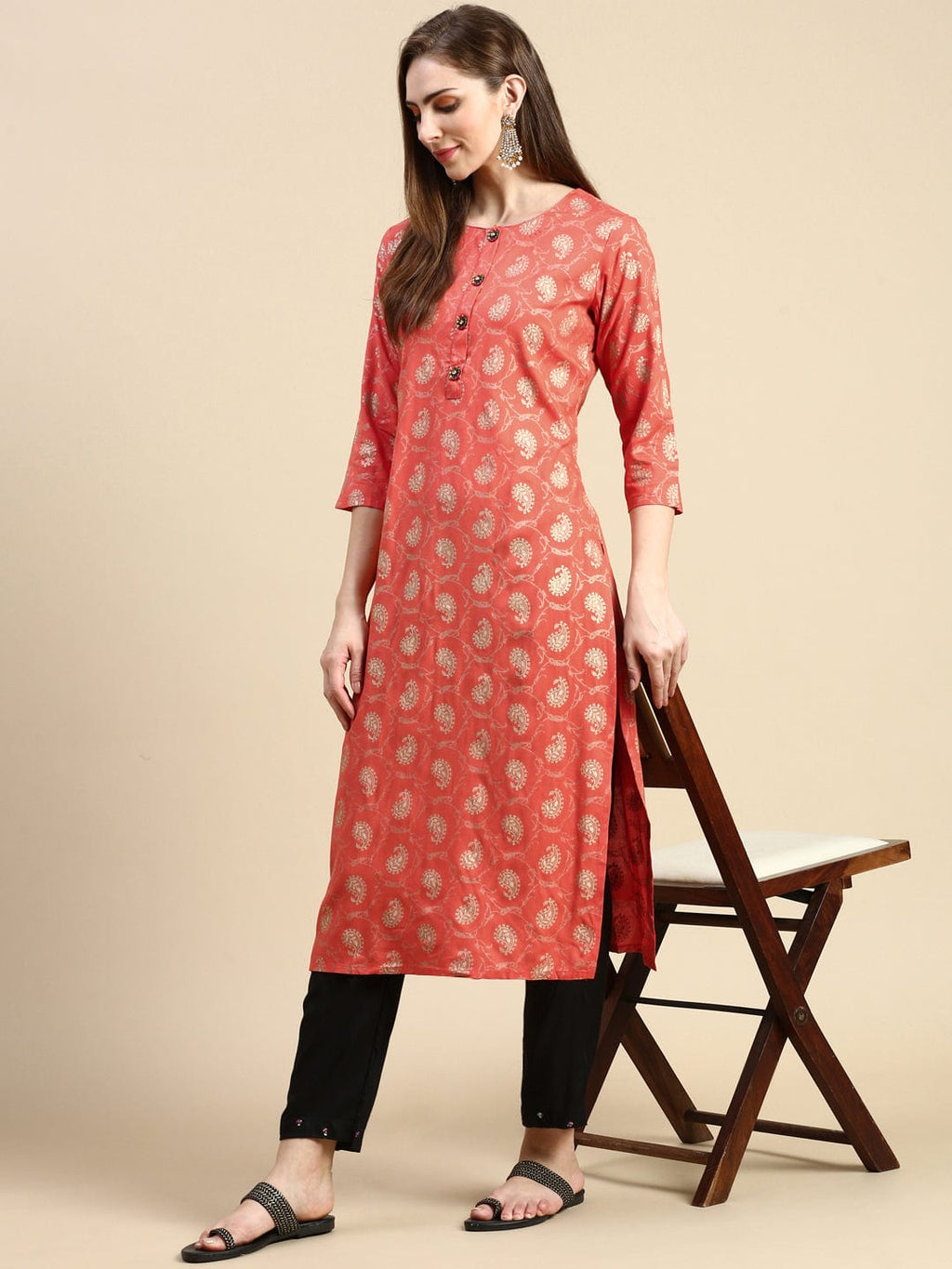 Women's Paisley Orange Straight Kurta
