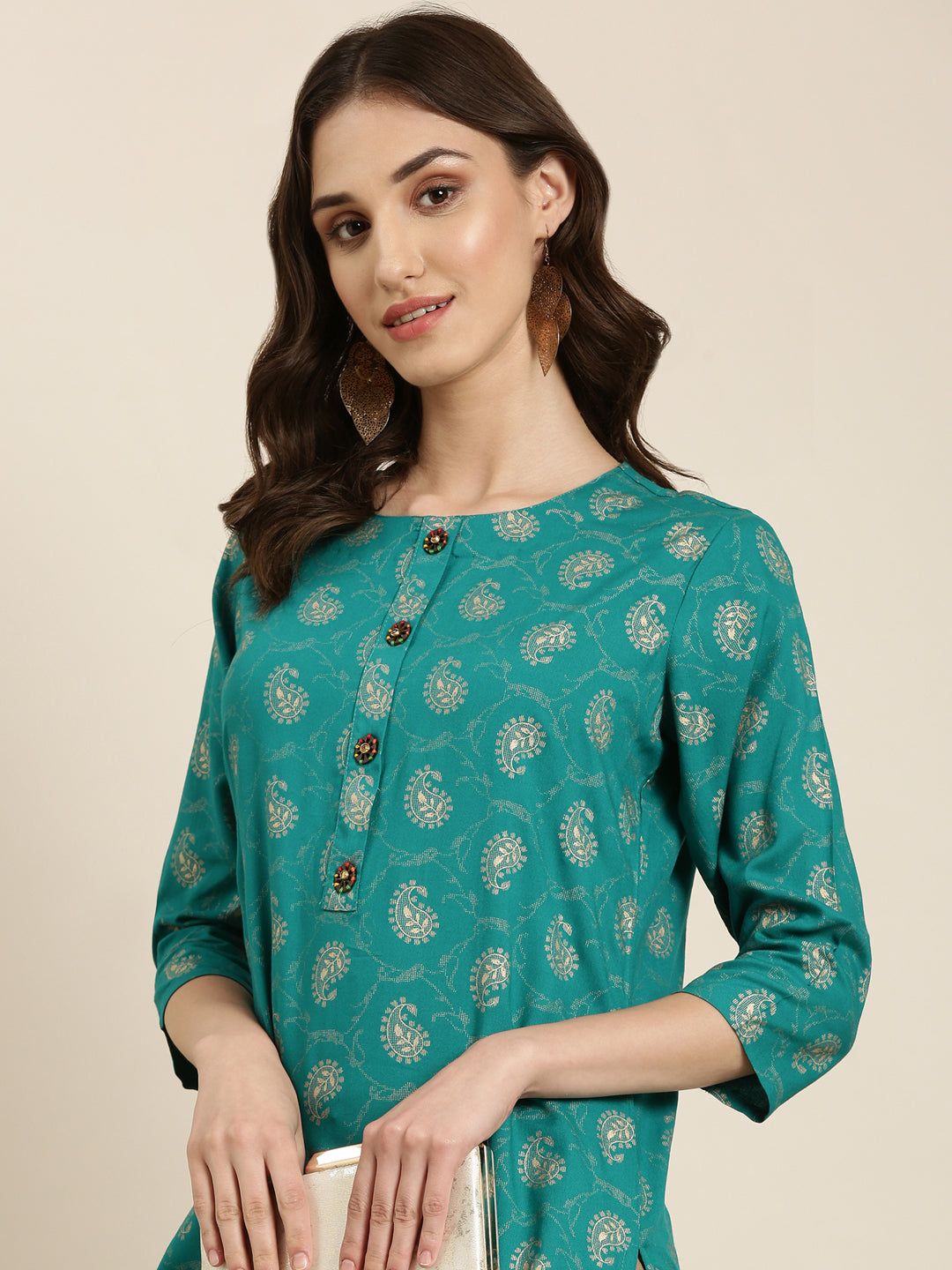 Women's Teal Paisley Printed Round Neck Straight Kurta