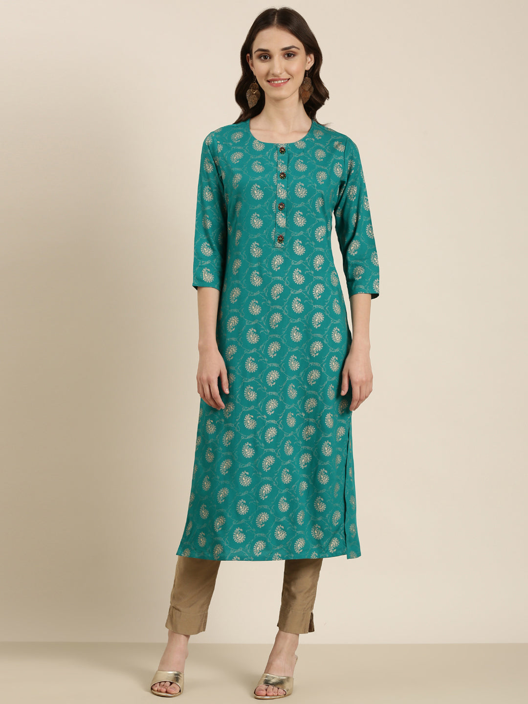 Women's Teal Paisley Printed Round Neck Straight Kurta