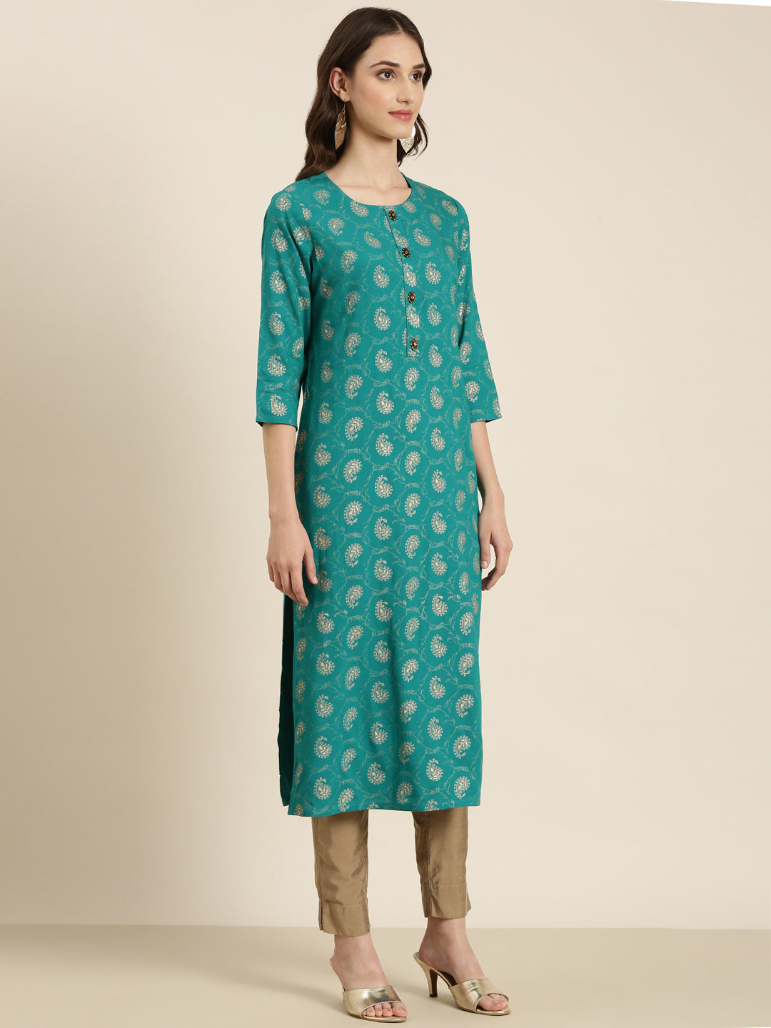 Women's Teal Paisley Printed Round Neck Straight Kurta