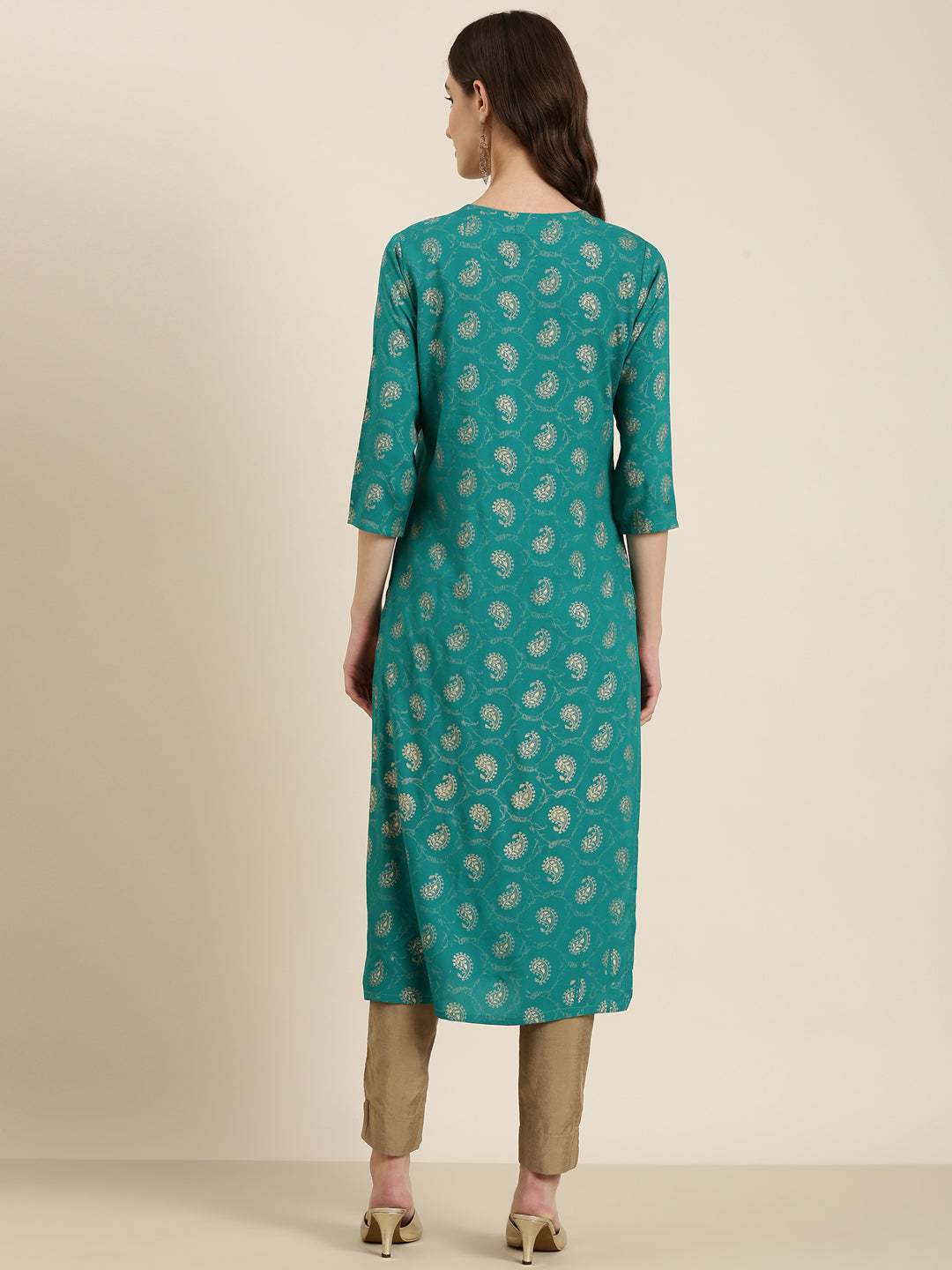 Women's Teal Paisley Printed Round Neck Straight Kurta
