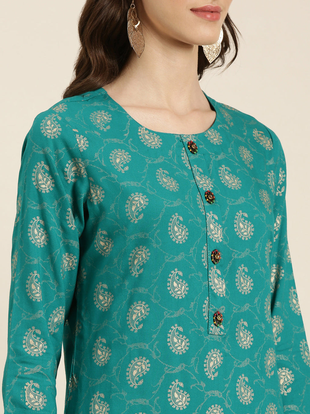 Women's Teal Paisley Printed Round Neck Straight Kurta