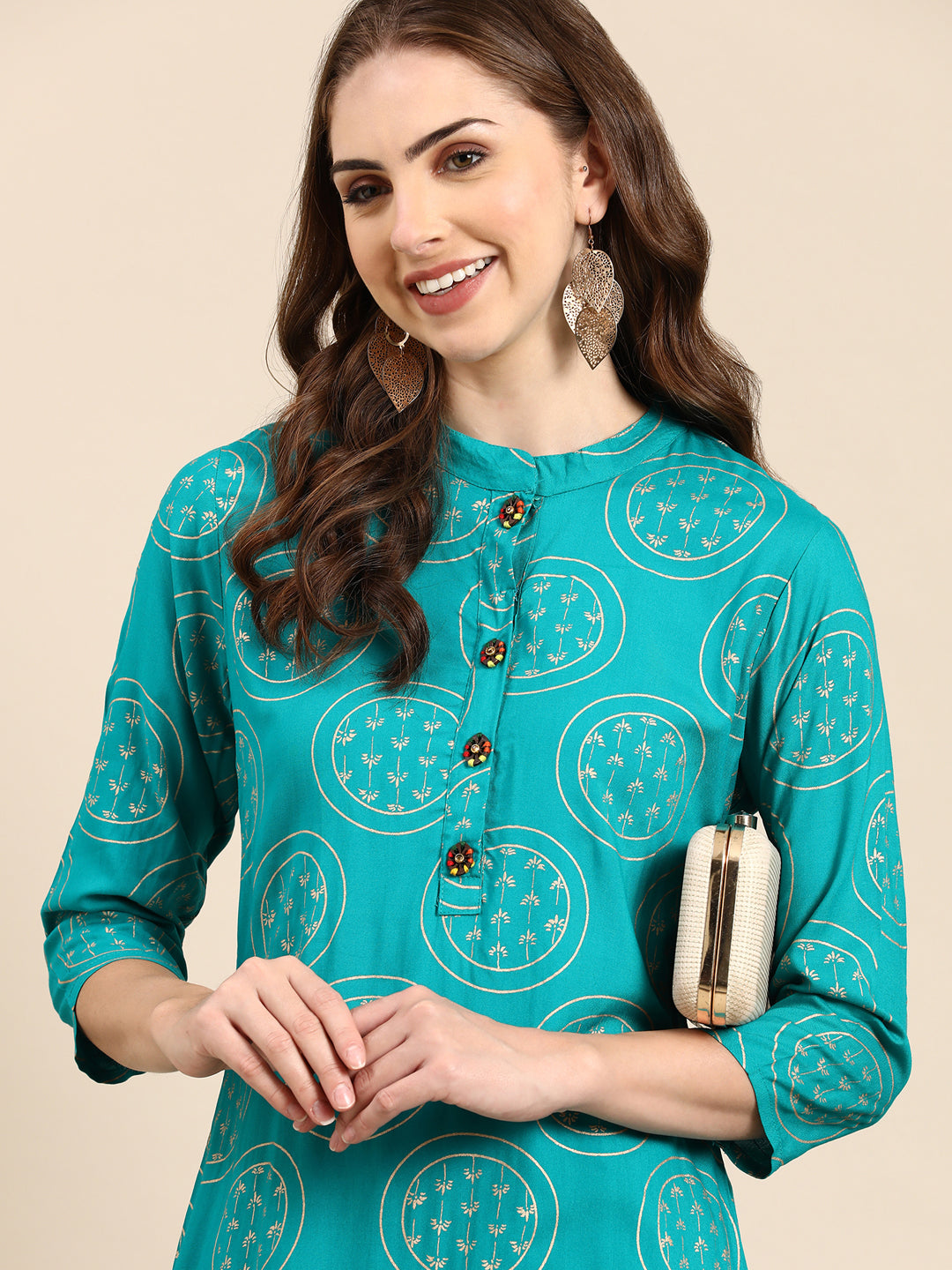 Women's Turquoise Blue Ethnic Motifs Printed Straight Kurta