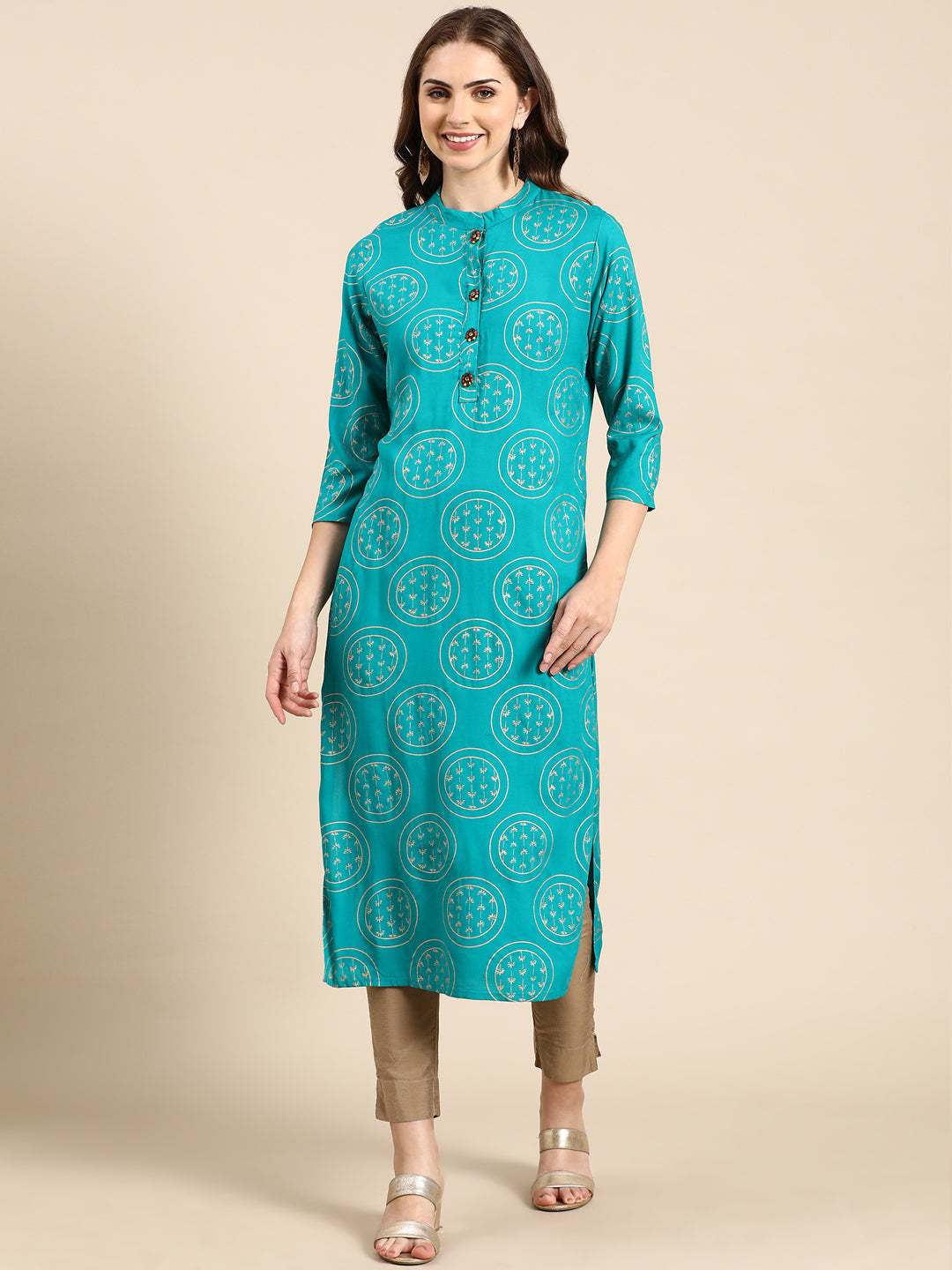 Women's Turquoise Blue Ethnic Motifs Printed Straight Kurta