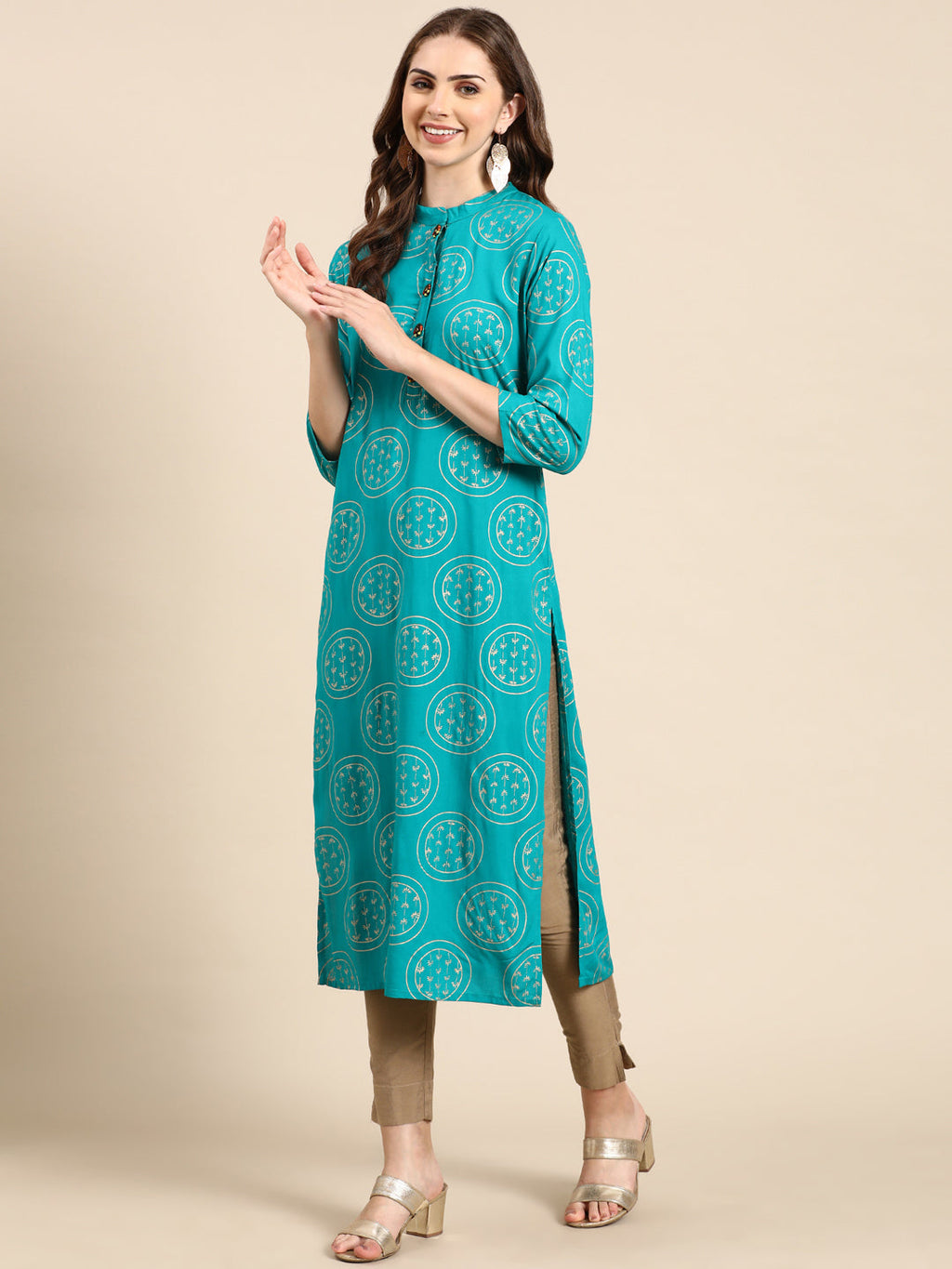 Women's Turquoise Blue Ethnic Motifs Printed Straight Kurta