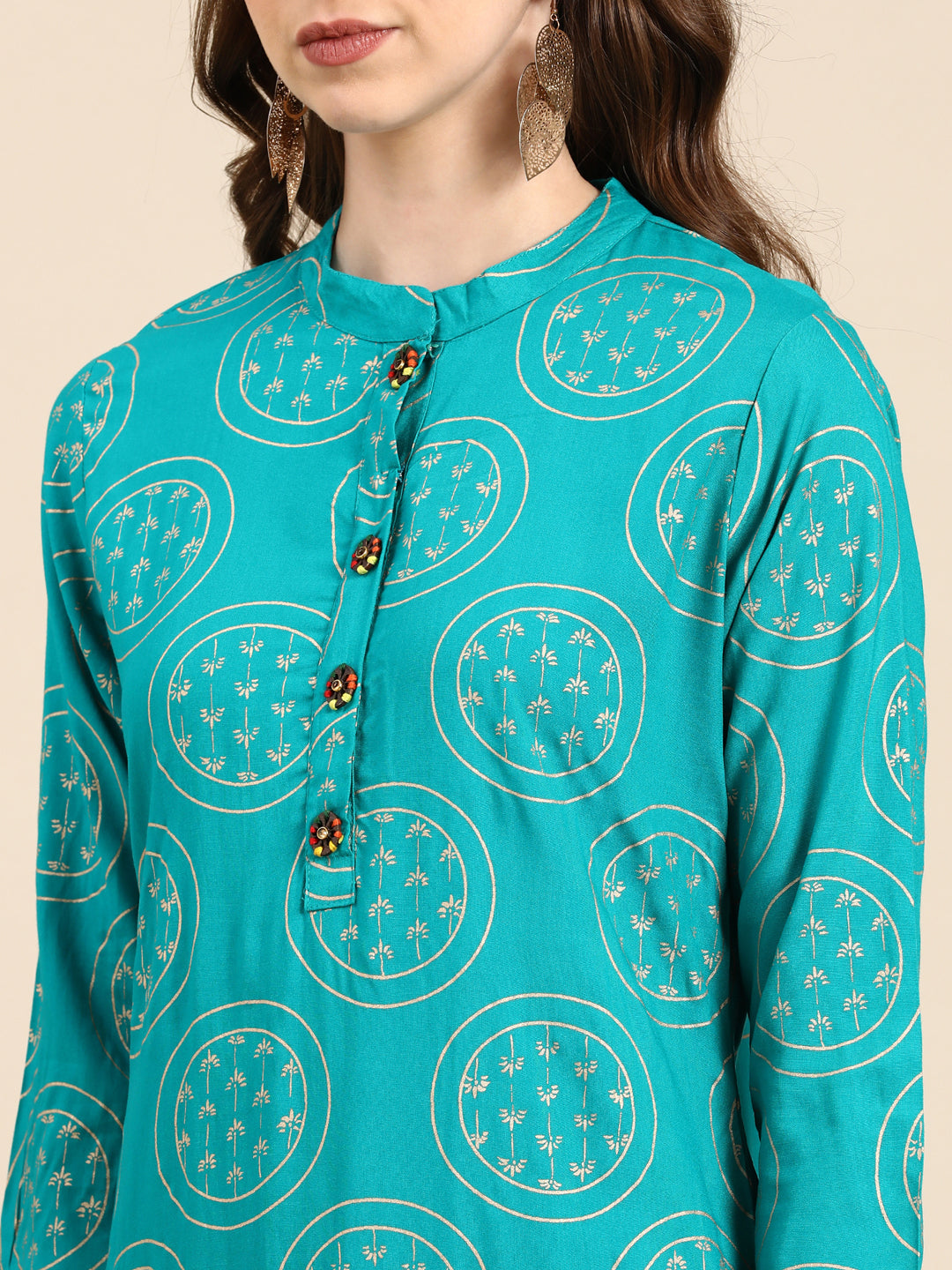 Women's Turquoise Blue Ethnic Motifs Printed Straight Kurta