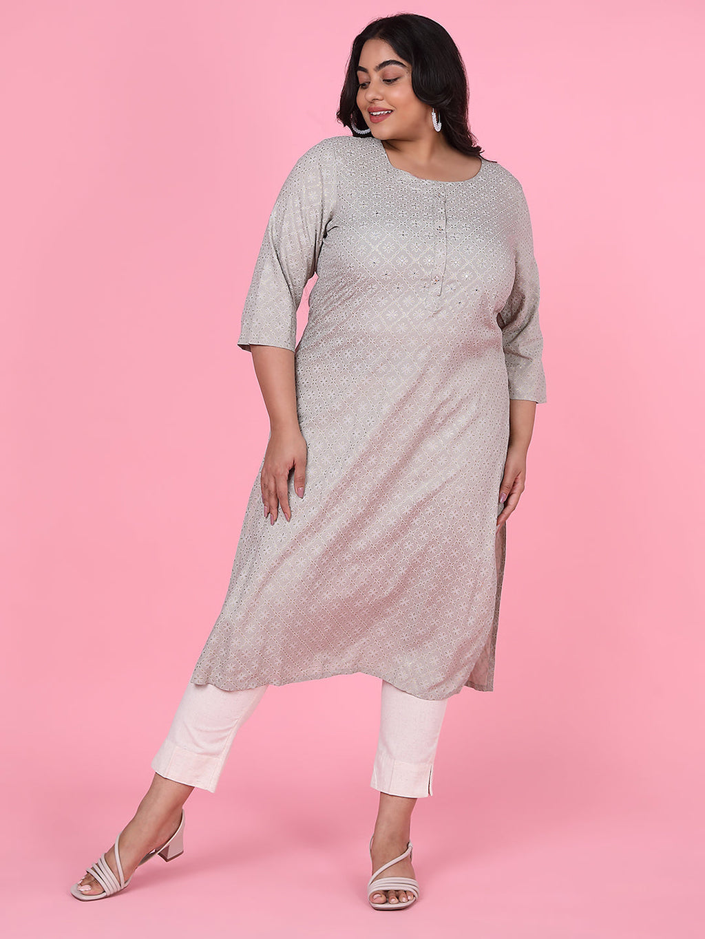 Women's Grey Floral Straight Kurta