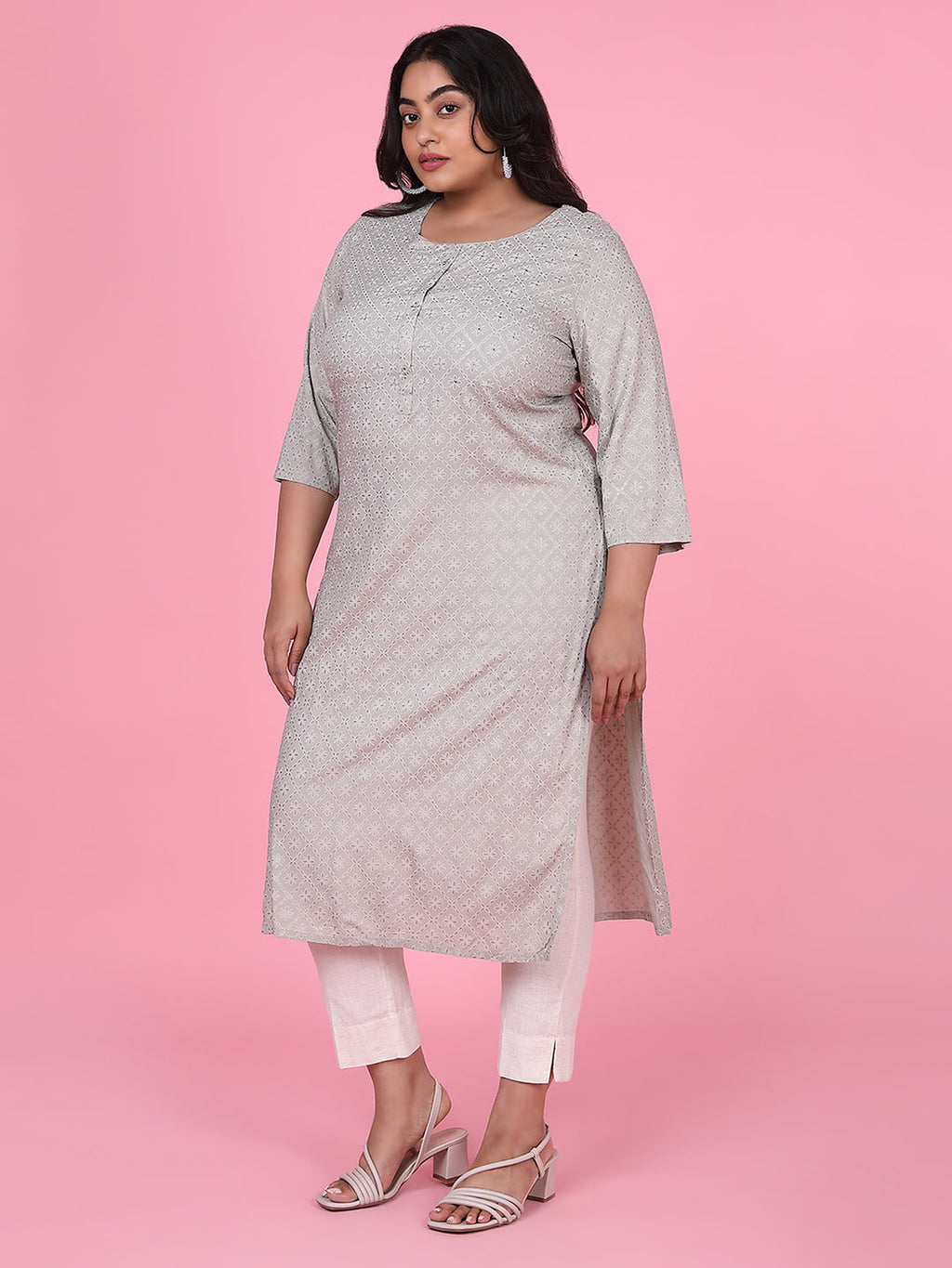 Women's Grey Floral Straight Kurta