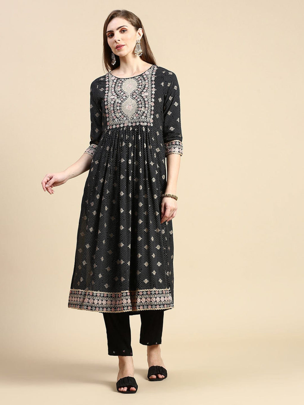 Women's Floral Black Anarkali Kurta