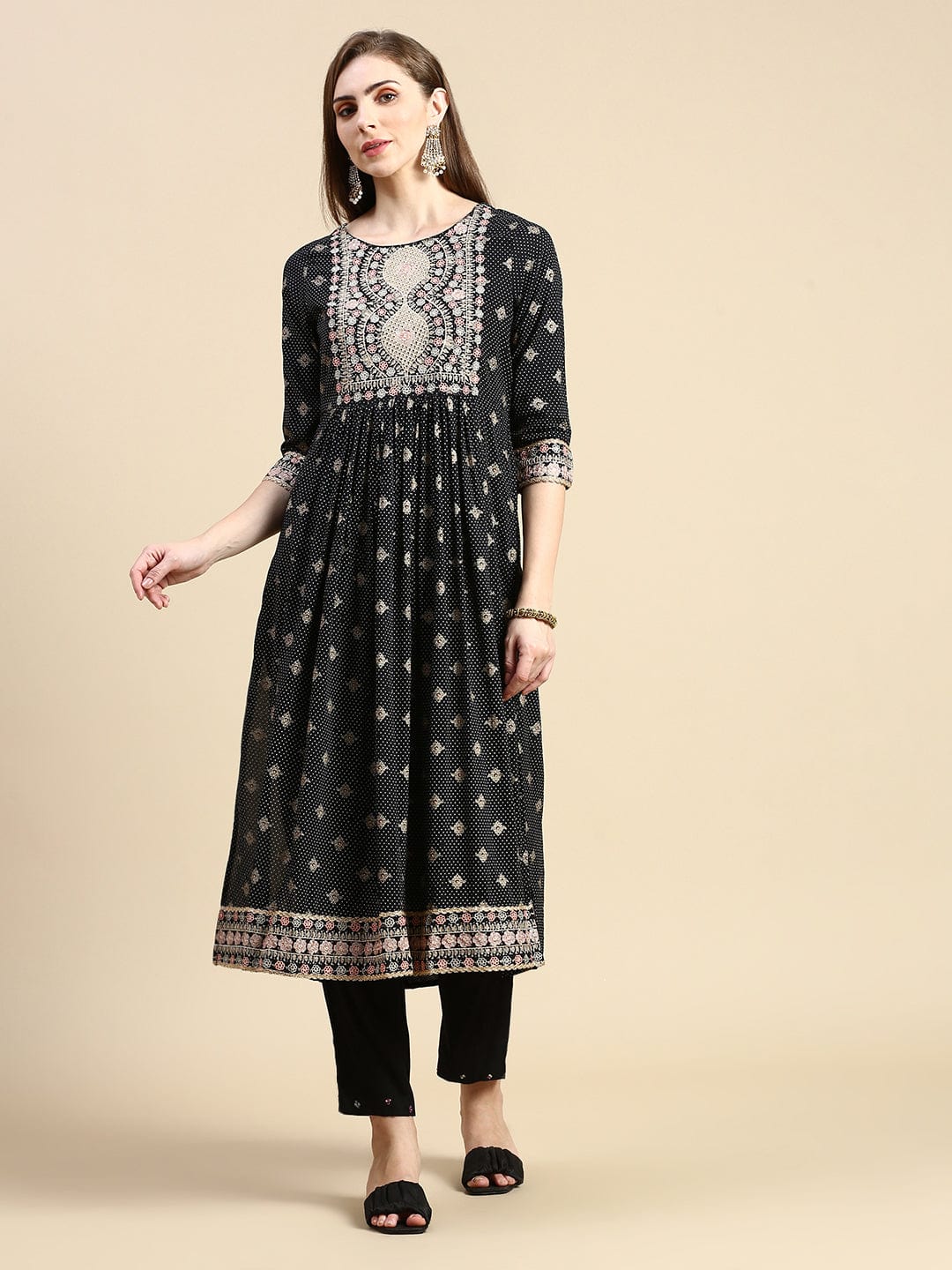 Women's Floral Black Anarkali Kurta