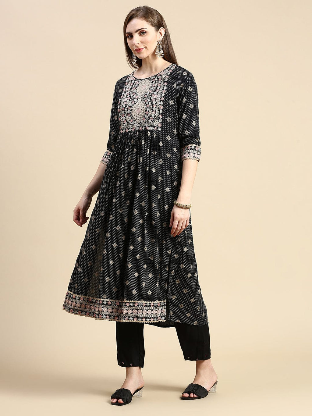 Women's Floral Black Anarkali Kurta