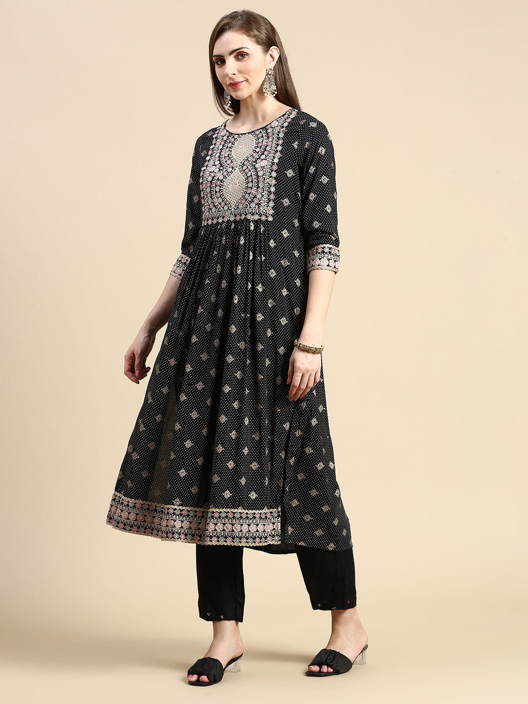 Women's Floral Black Anarkali Kurta