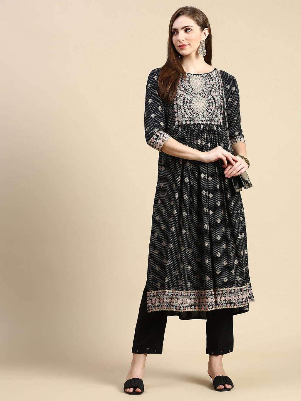 Women's Floral Black Anarkali Kurta