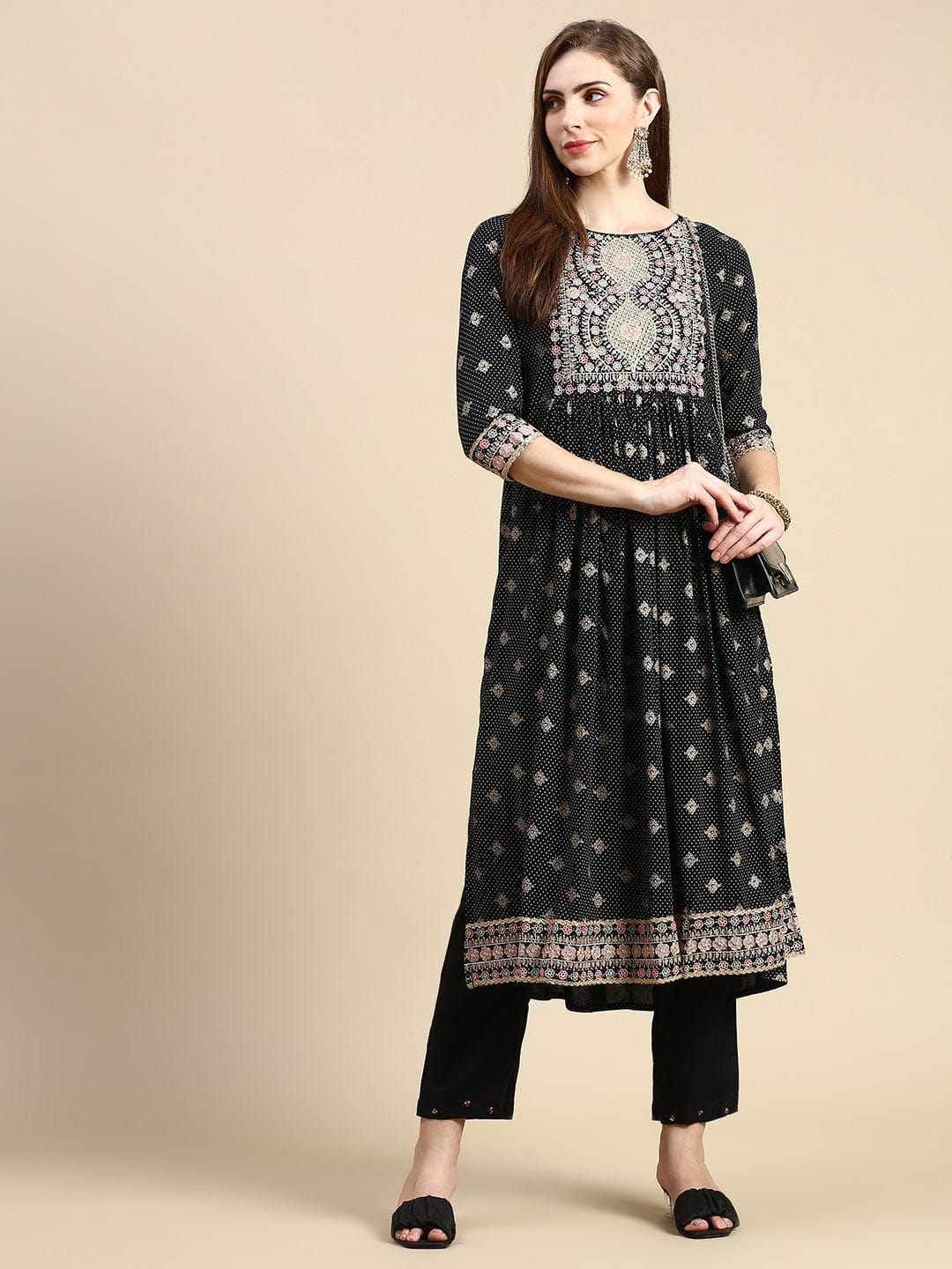 Women's Floral Black Anarkali Kurta