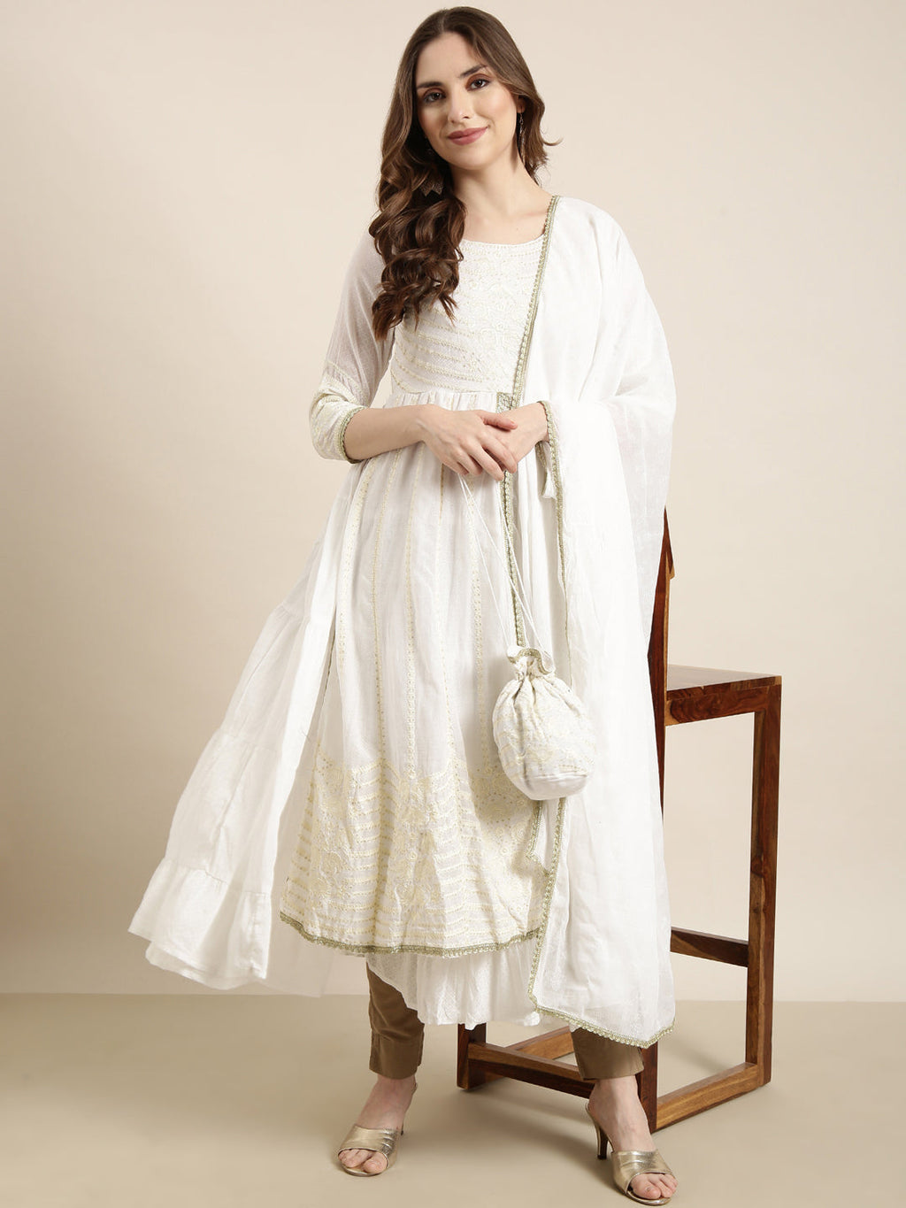 Women's Anarkali Off White Embellished Kurta Sets with Dupatta & Potli Bag
