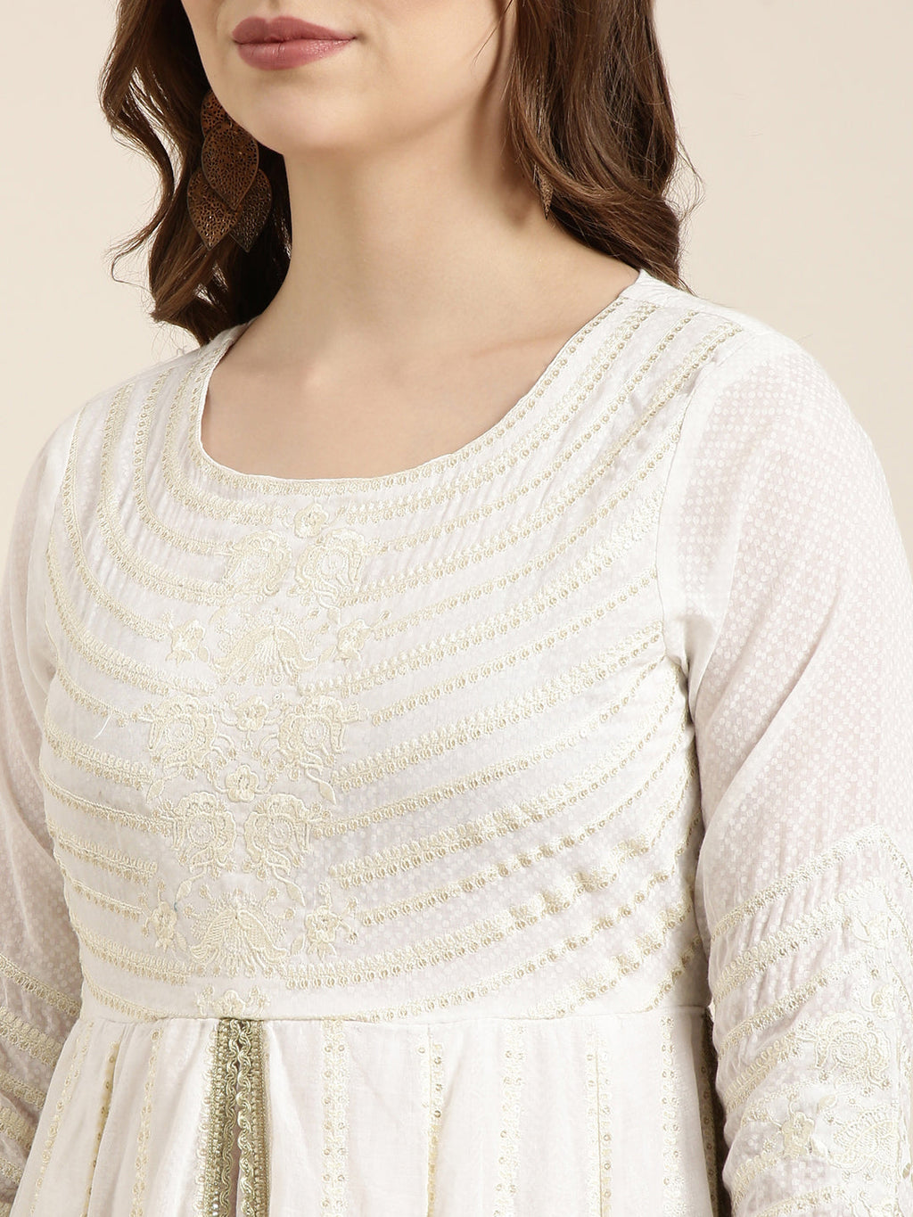 Women's Anarkali Off White Embellished Kurta Sets with Dupatta & Potli Bag