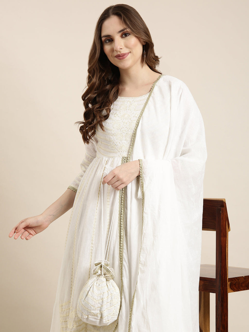 Women's Anarkali Off White Embellished Kurta Sets with Dupatta & Potli Bag